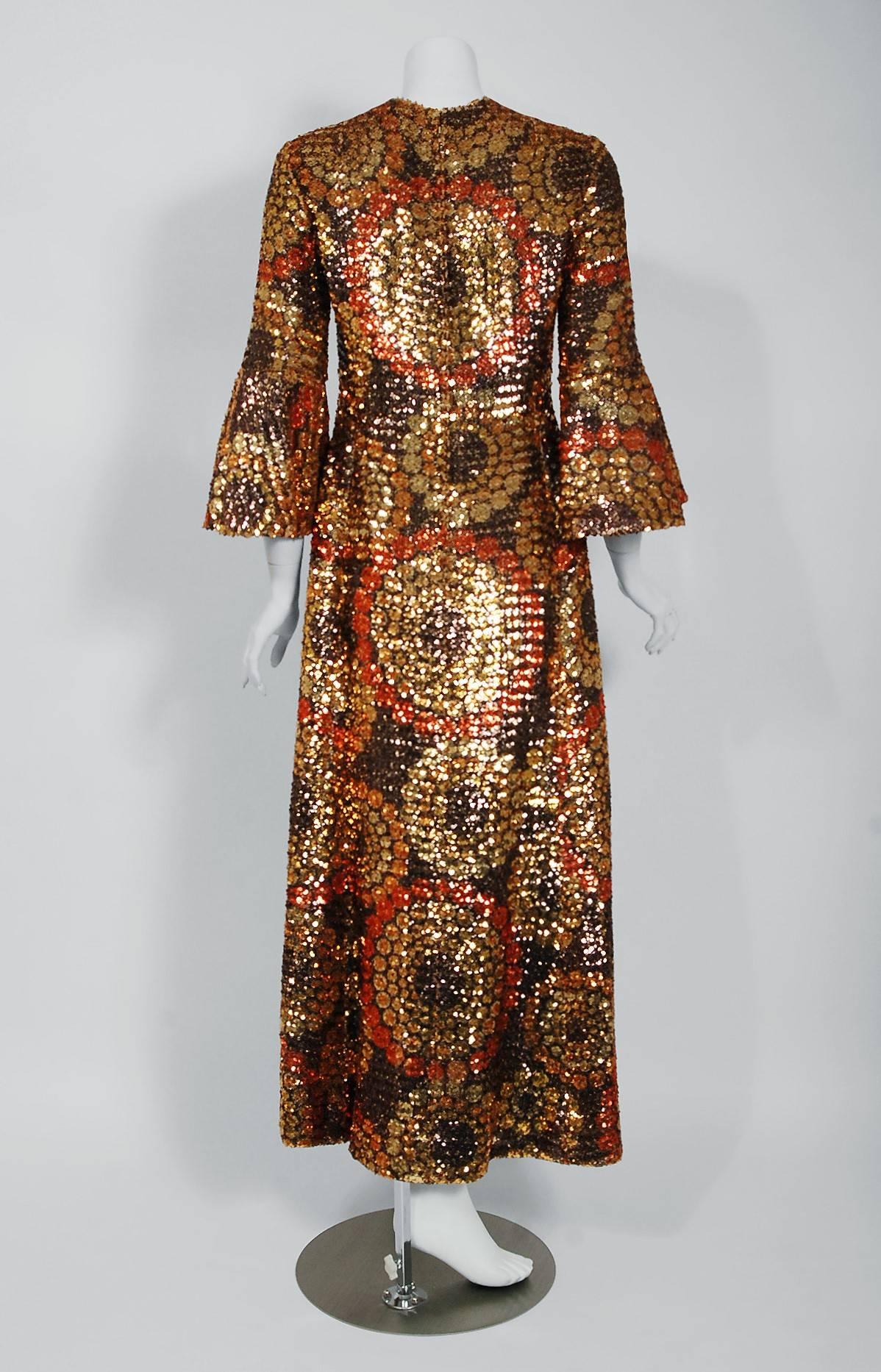1968 Pierre Balmain Haute Couture Graphic Sequin Bell Sleeve Column Dress In Excellent Condition In Beverly Hills, CA