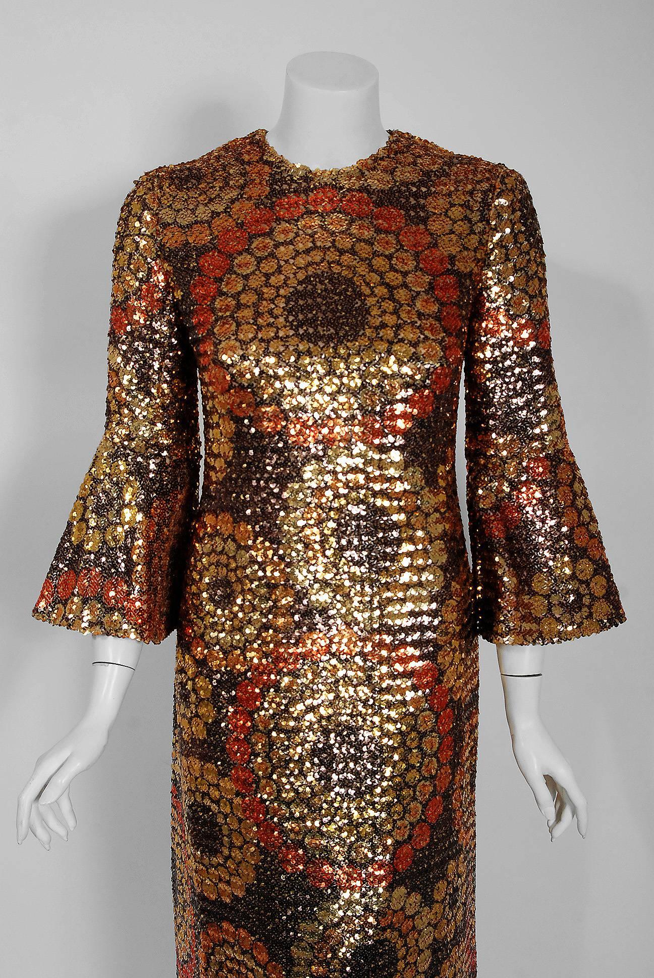 Breathtaking Pierre Balmain Haute-Couture documented ombre graphic sequin dress dating back to his opulent 1968 collection. This iconic designer created a very sculptural quality which was always allied with a ladylike essence. His garments have a