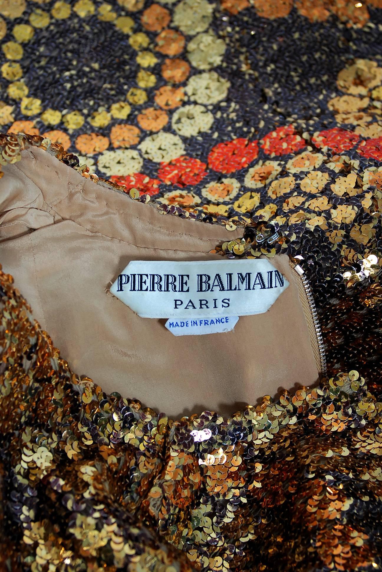 Women's 1968 Pierre Balmain Haute Couture Graphic Sequin Bell Sleeve Column Dress