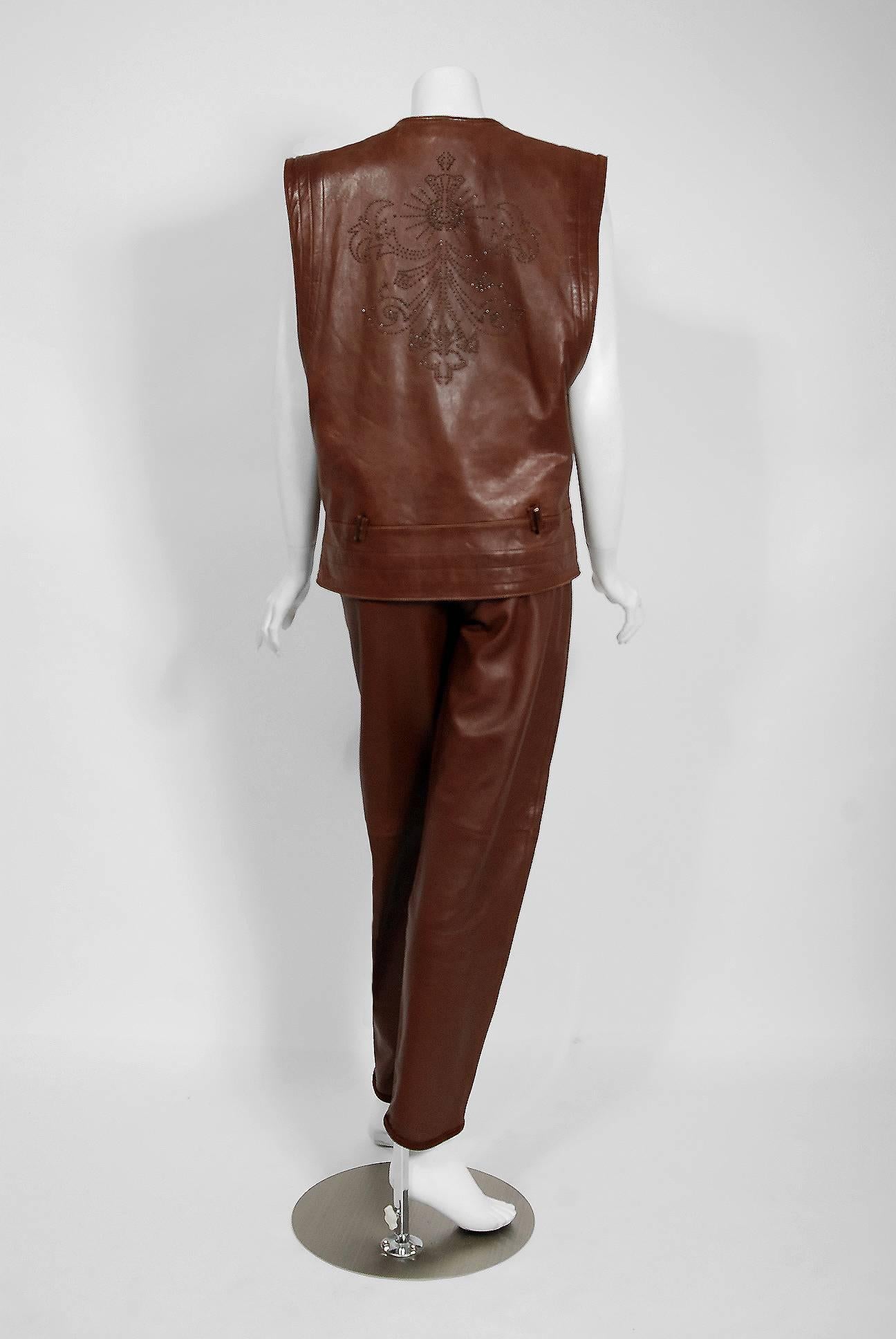 1984 Gianni Versace Couture Studded Brown Leather Vest and High Waist Pants 2