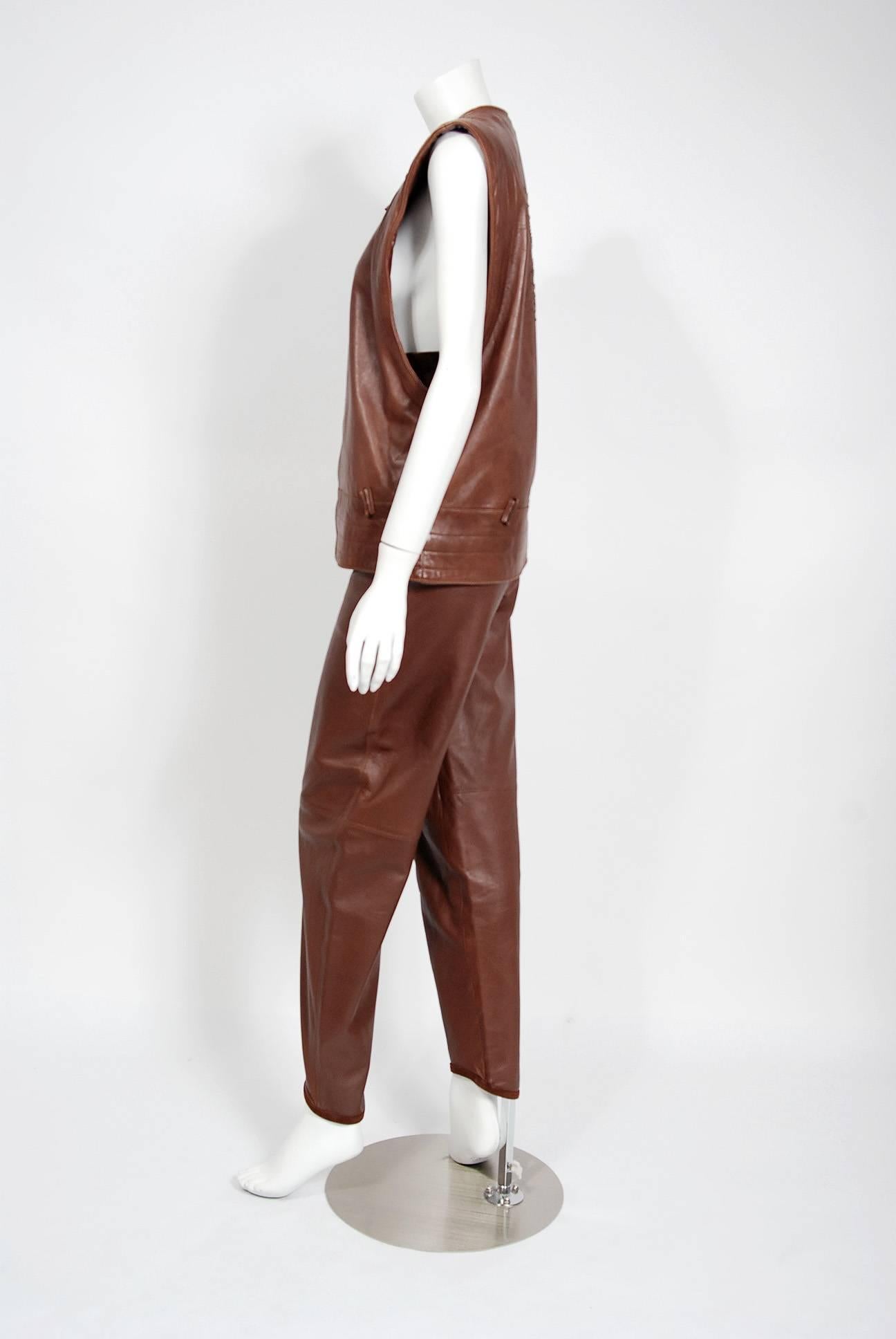 1984 Gianni Versace Couture Studded Brown Leather Vest and High Waist Pants 1