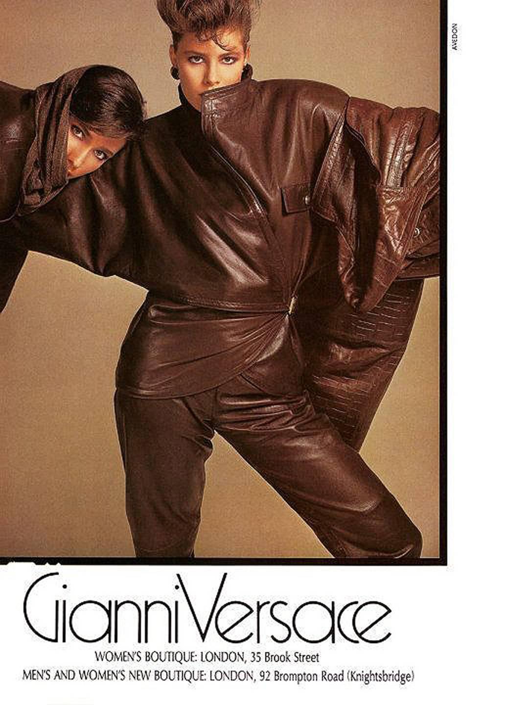 Extremely rare and iconic brown studded ensemble from Gianni Versace's 1984 Fall-Winter collection. The first Versace boutique was opened in 1978 and its popularity was immediate. Today, Versace is one of the world's leading international fashion