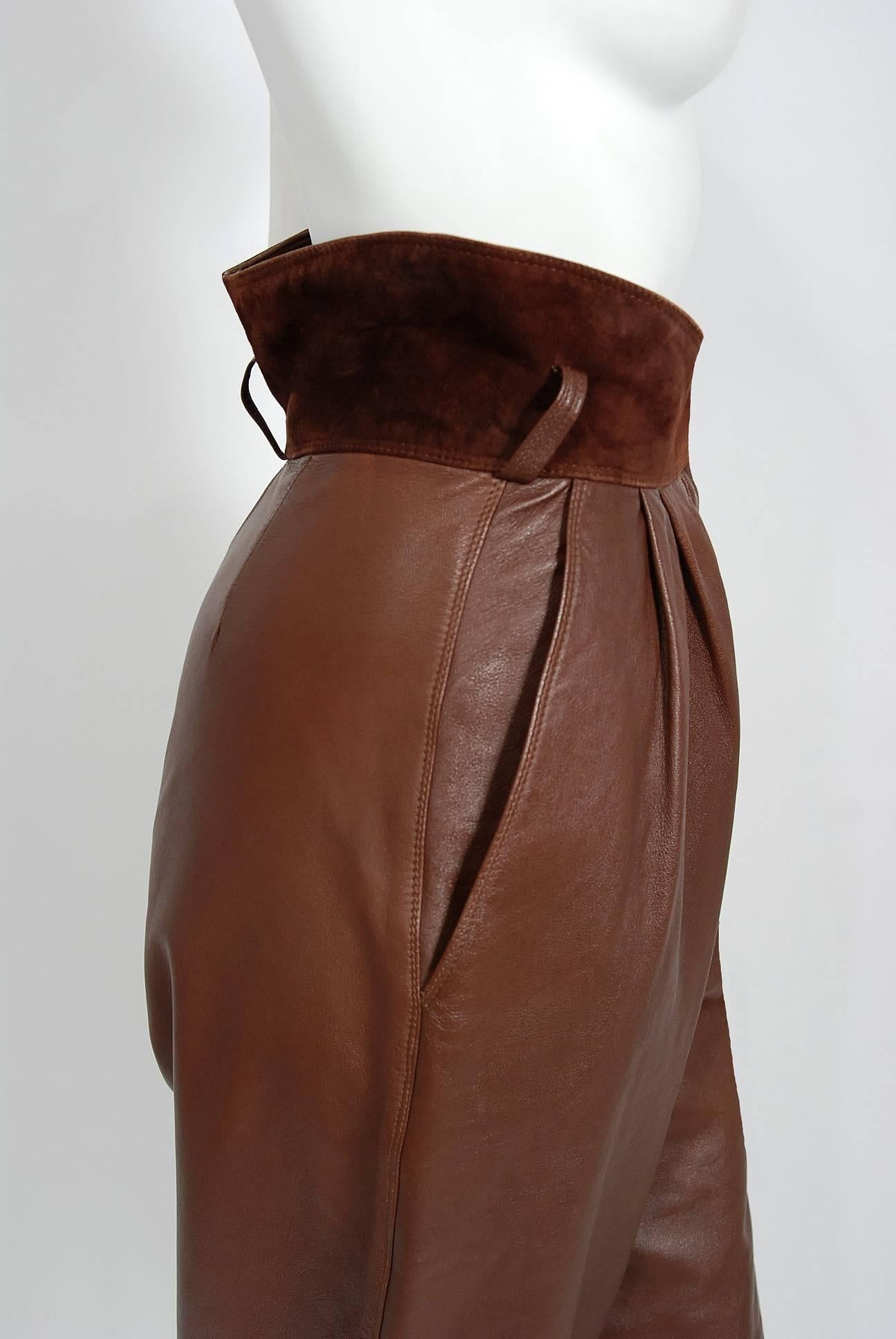 1984 Gianni Versace Couture Studded Brown Leather Vest and High Waist Pants In Excellent Condition In Beverly Hills, CA