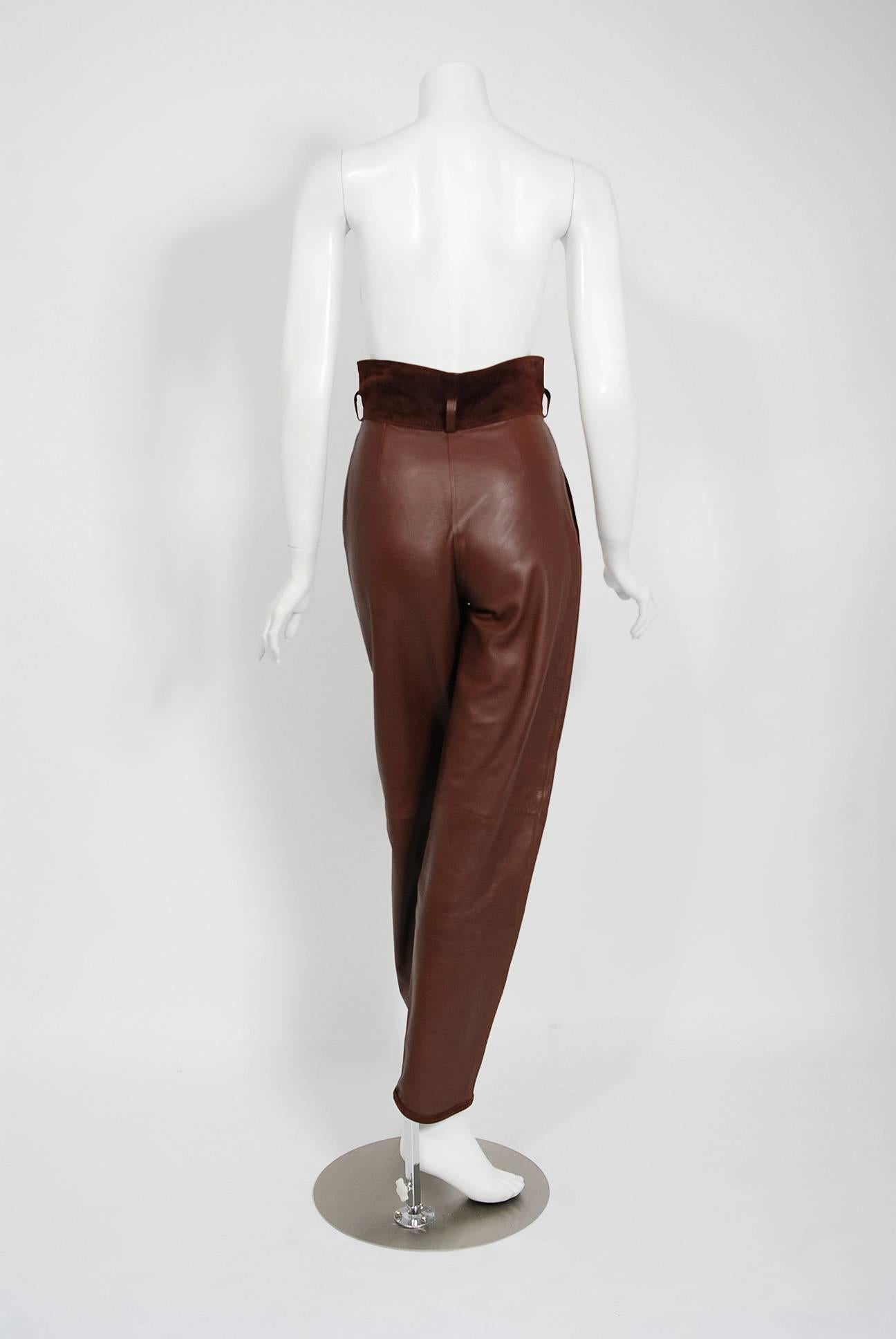 Women's 1984 Gianni Versace Couture Studded Brown Leather Vest and High Waist Pants