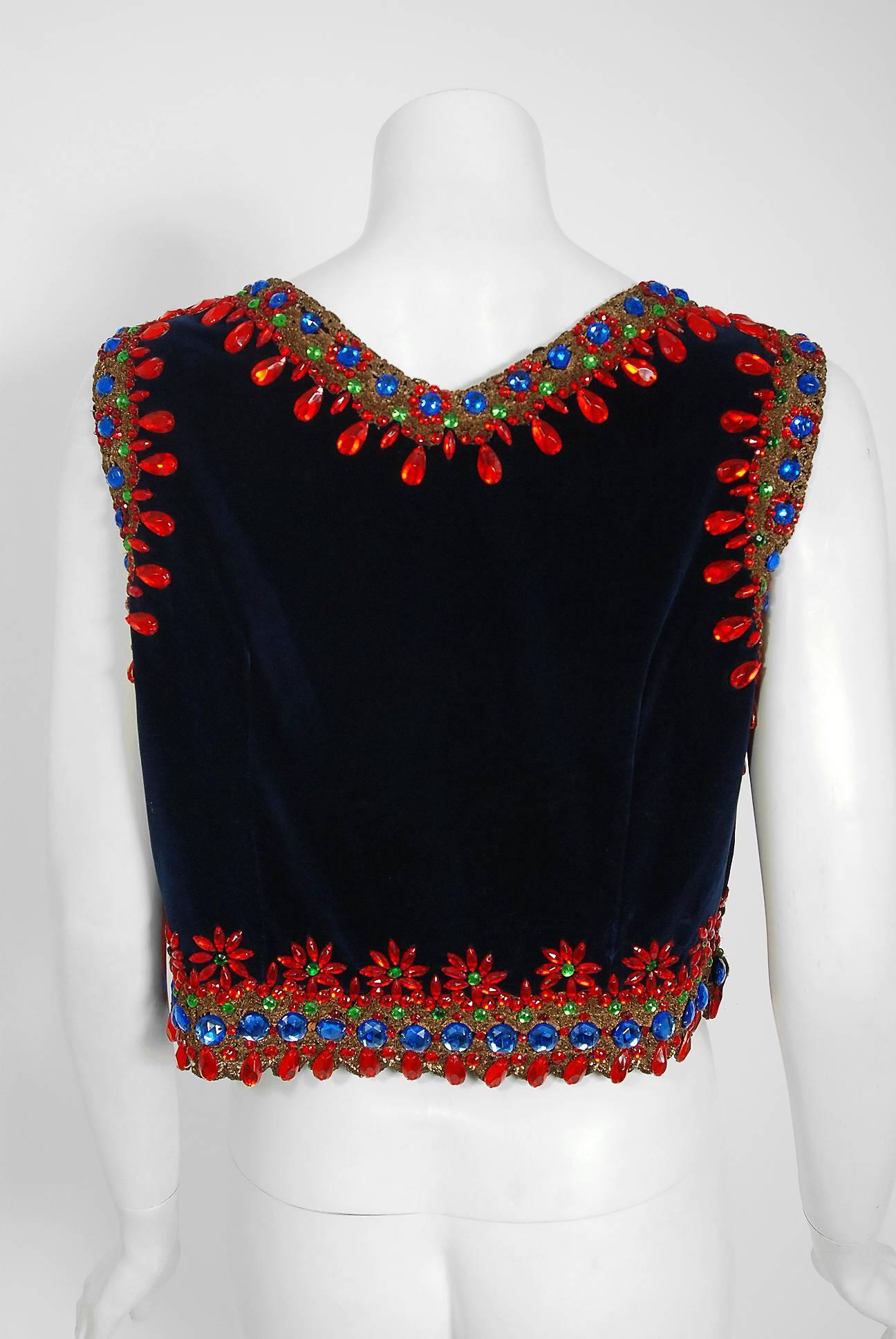 1960's Colorful Jeweled Beaded Metallic Lace Velvet Bohemian Hippie Vest Bodice 3