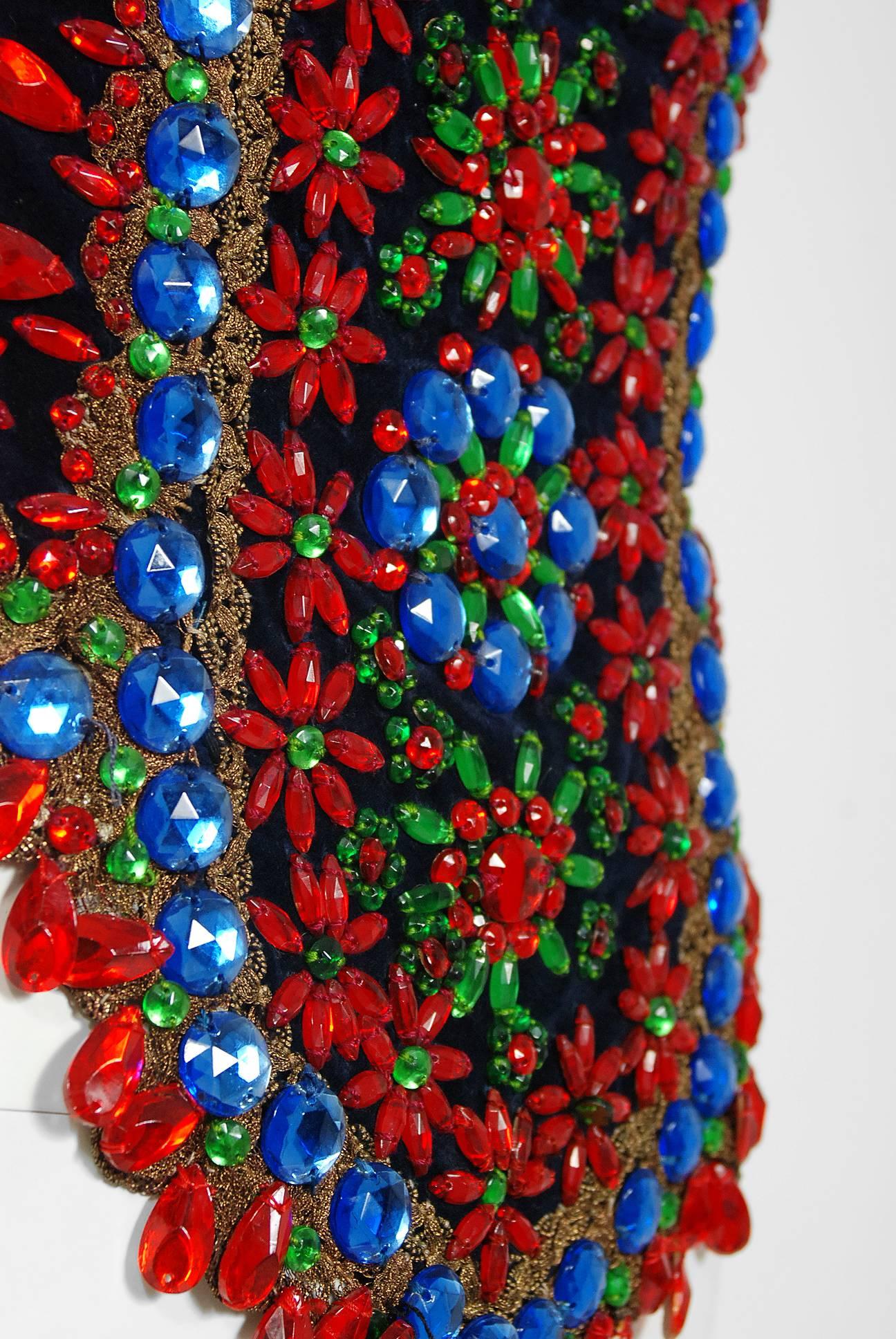 1960's Colorful Jeweled Beaded Metallic Lace Velvet Bohemian Hippie Vest Bodice 1