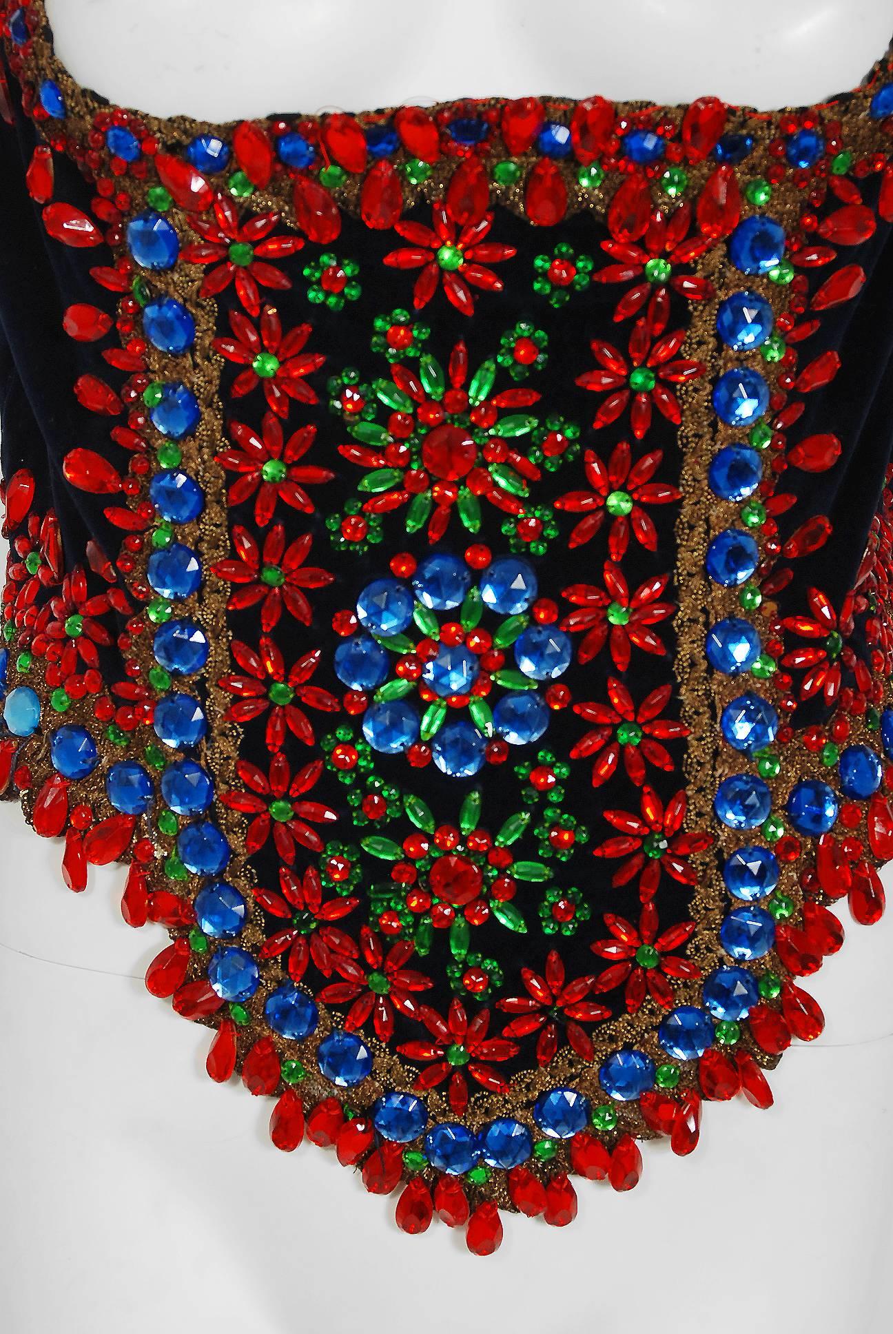 Black 1960's Colorful Jeweled Beaded Metallic Lace Velvet Bohemian Hippie Vest Bodice