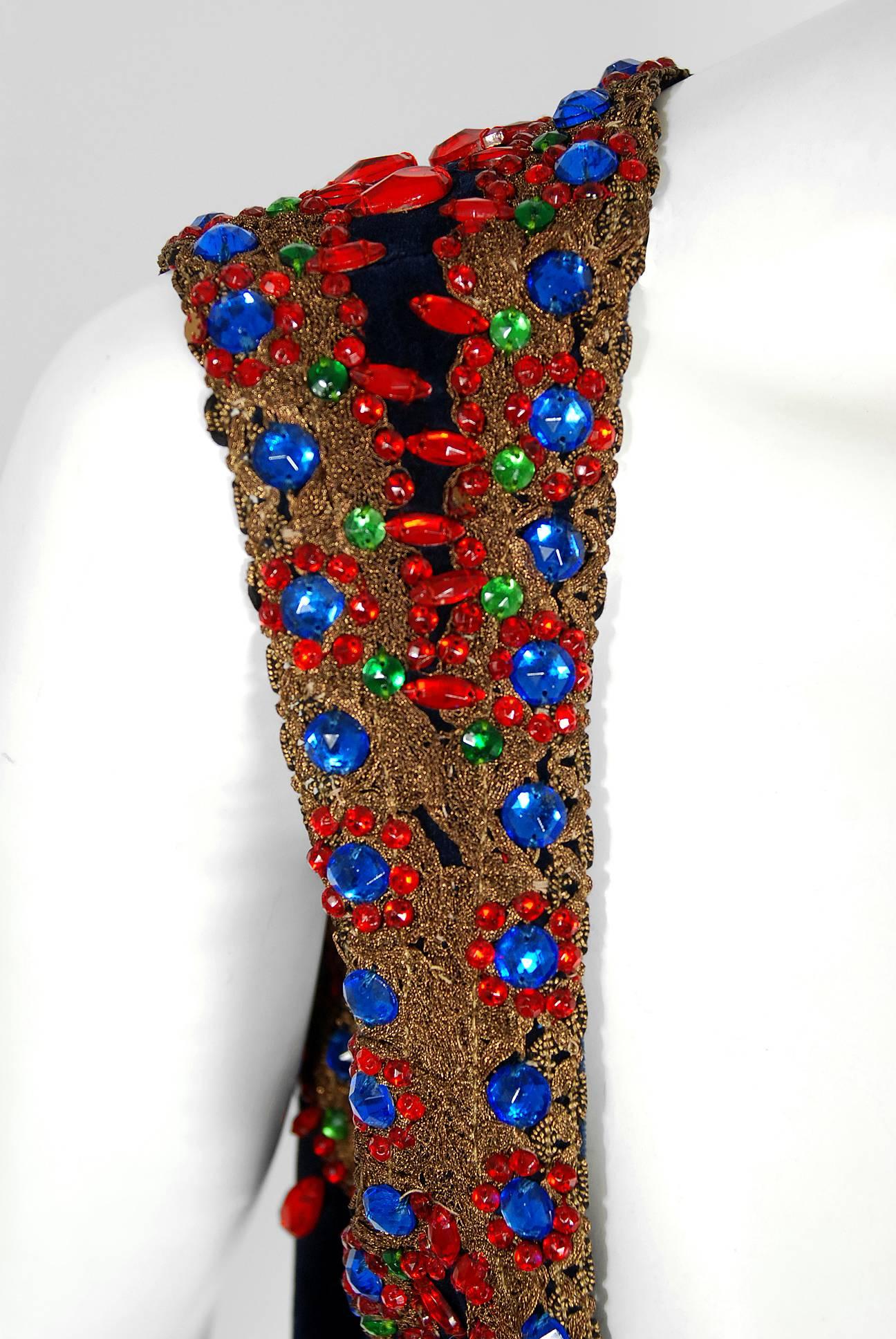 1960's Colorful Jeweled Beaded Metallic Lace Velvet Bohemian Hippie Vest Bodice In Excellent Condition In Beverly Hills, CA