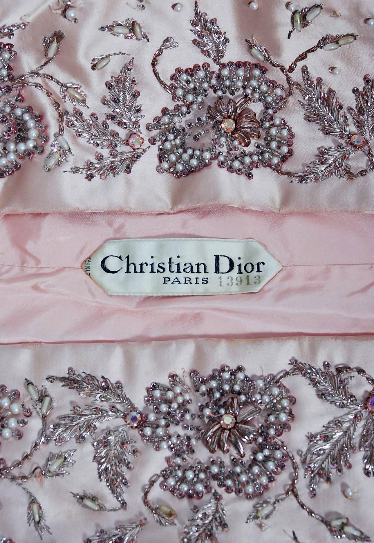 1951 Christian Dior Haute-Couture Beaded Lesage Embroidery Pink Satin Coat 2