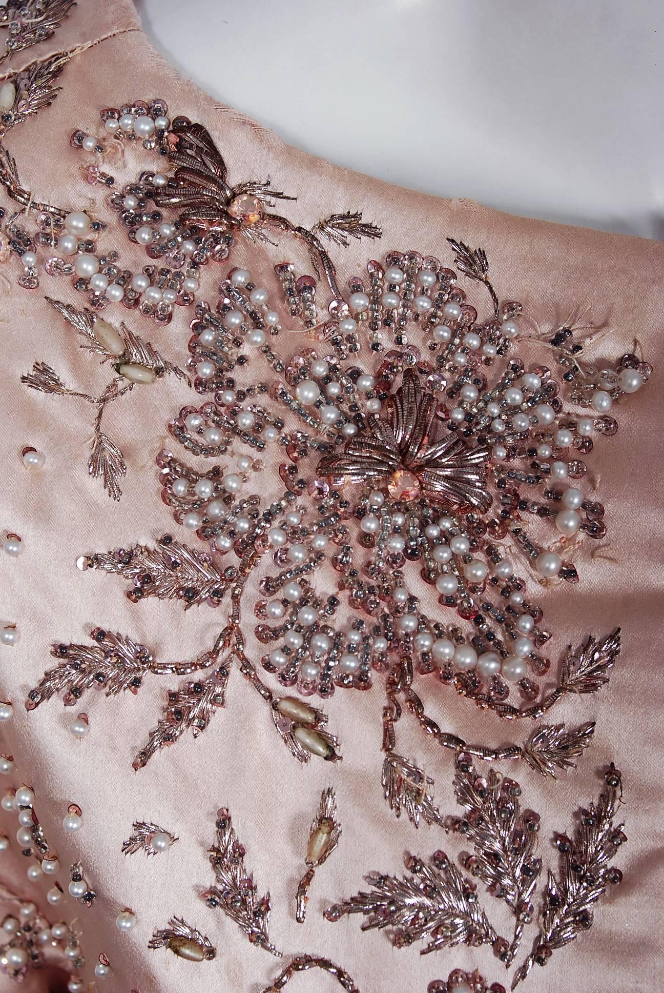 1951 Christian Dior Haute-Couture Beaded Lesage Embroidery Pink Satin Coat In Good Condition In Beverly Hills, CA