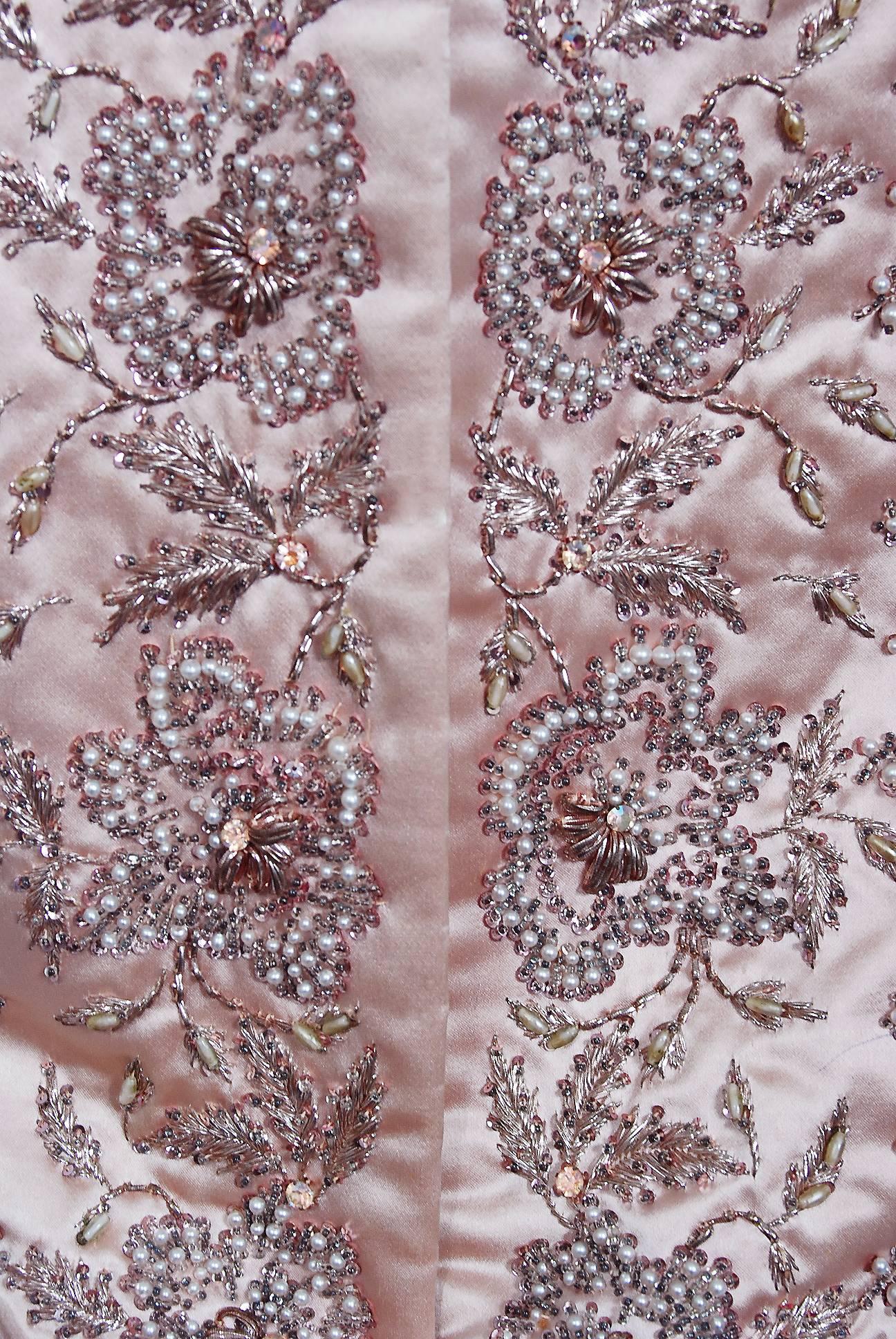 Women's 1951 Christian Dior Haute-Couture Beaded Lesage Embroidery Pink Satin Coat
