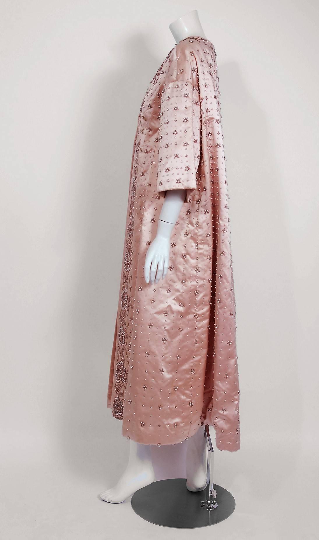 1951 Christian Dior Haute-Couture Beaded Lesage Embroidery Pink Satin Coat 1