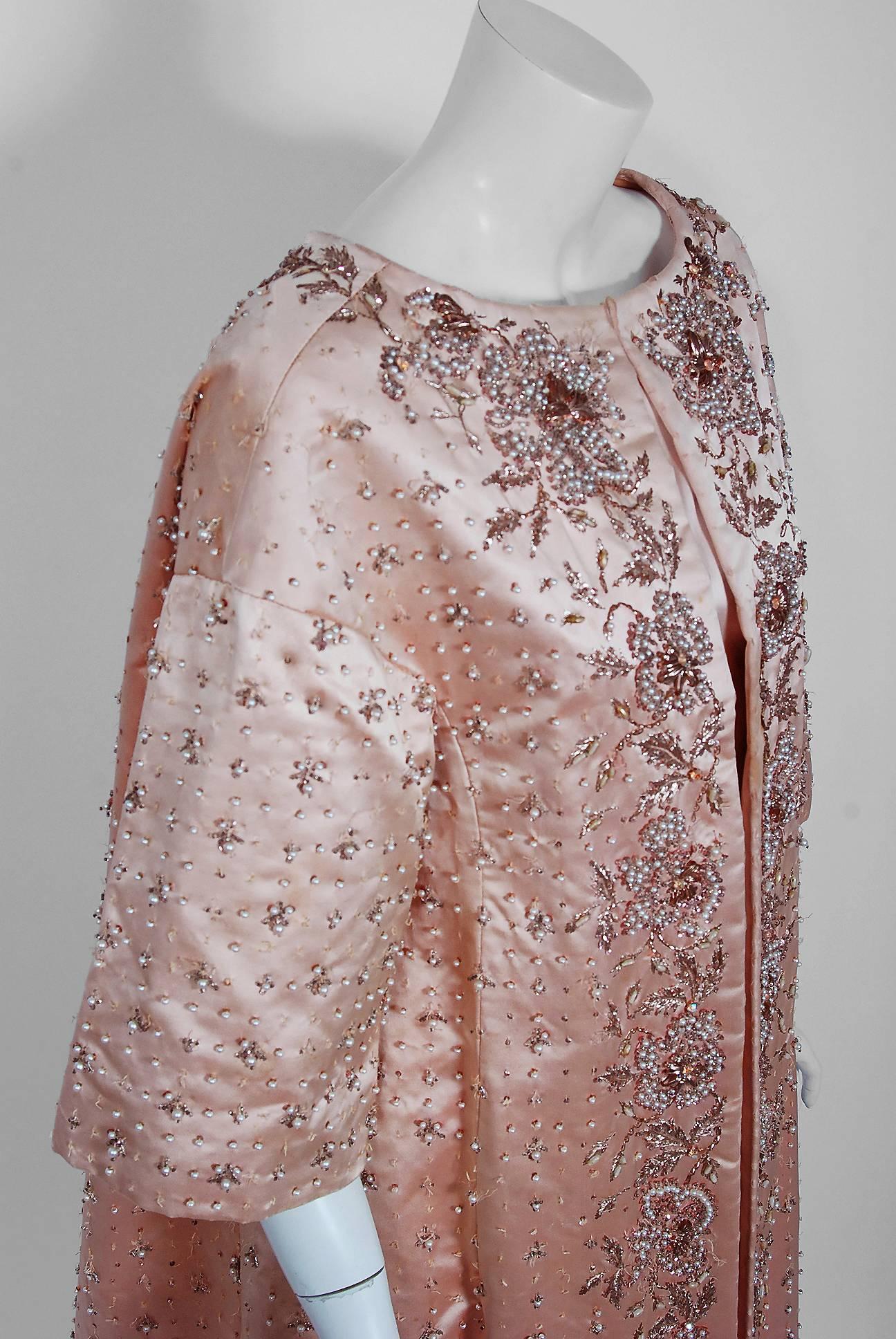 Brown 1951 Christian Dior Haute-Couture Beaded Lesage Embroidery Pink Satin Coat