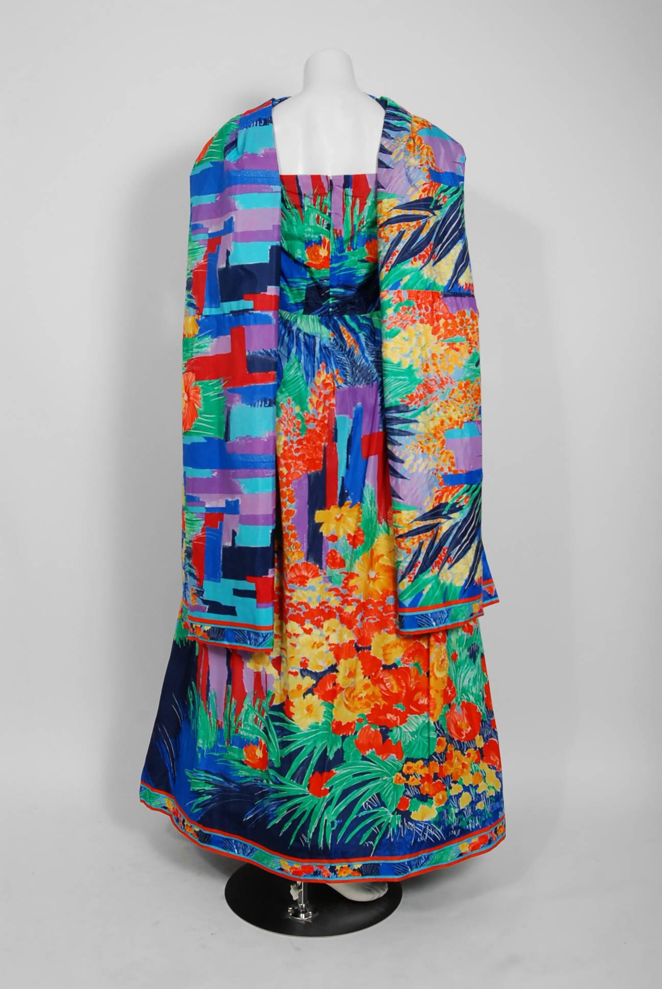 1992 Leonard Paris Watercolor Floral Print Silk Taffeta Capelet Full-Skirt Gown  3