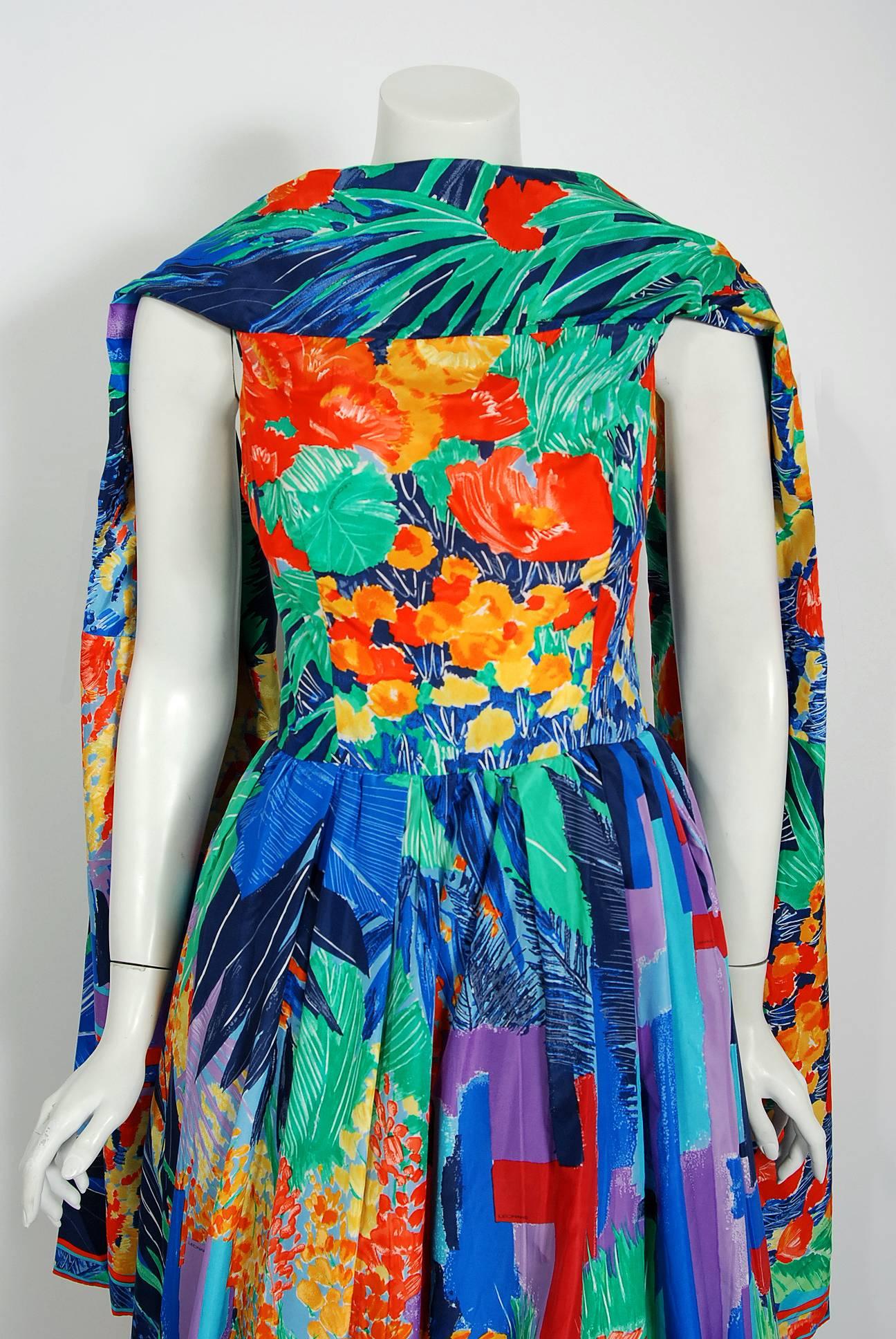 Blue 1992 Leonard Paris Watercolor Floral Print Silk Taffeta Capelet Full-Skirt Gown 