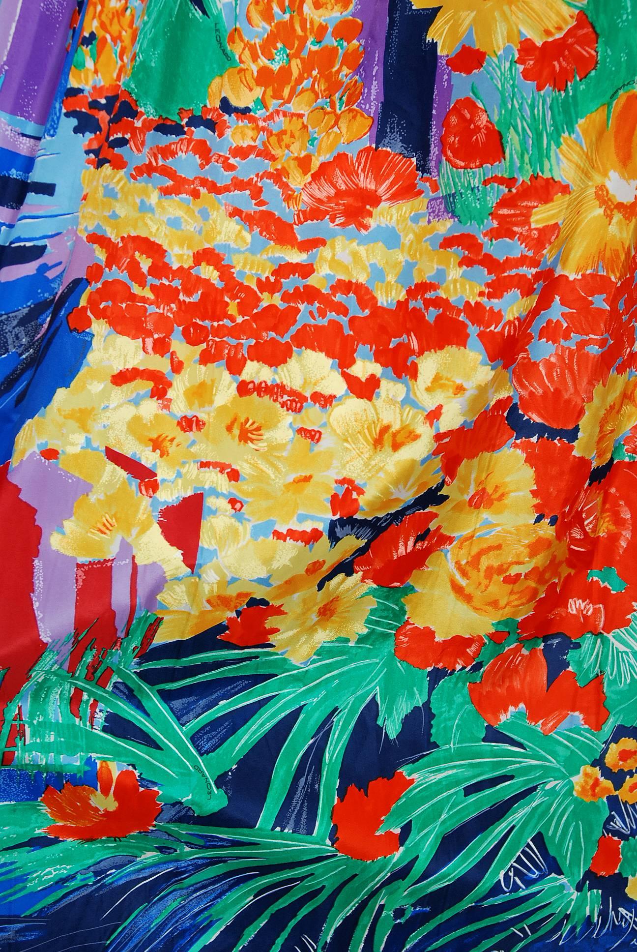 1992 Leonard Paris Watercolor Floral Print Silk Taffeta Capelet Full-Skirt Gown  1