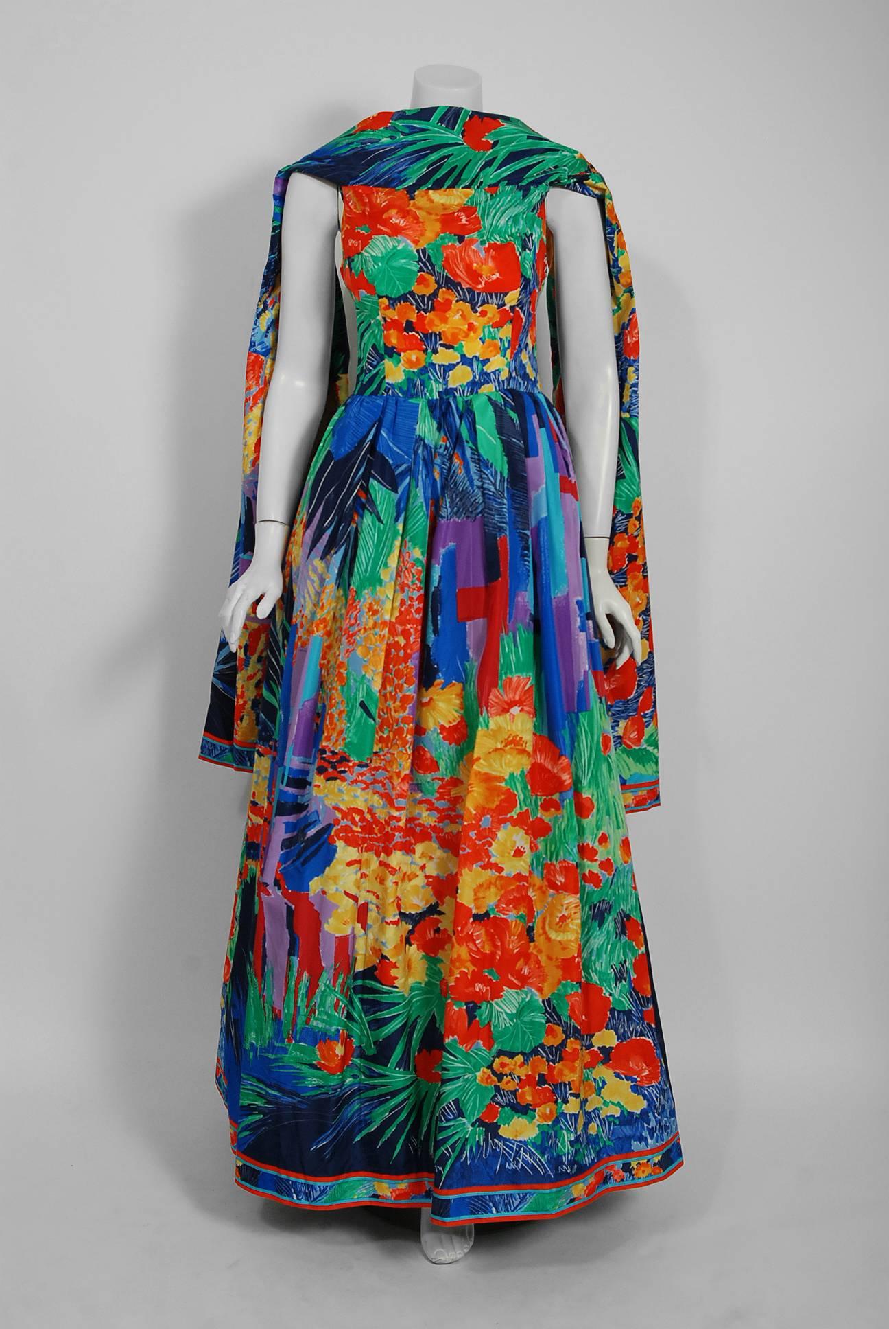 Breathtaking Leonard Paris designer watercolor floral print ballgown dating back to their 1992 collection. In 1958 Jacques Leonard asked Daniel Tribouillard to start a new company: Leonard Fashion. A man of artistic temperament, Daniel Tribouillard