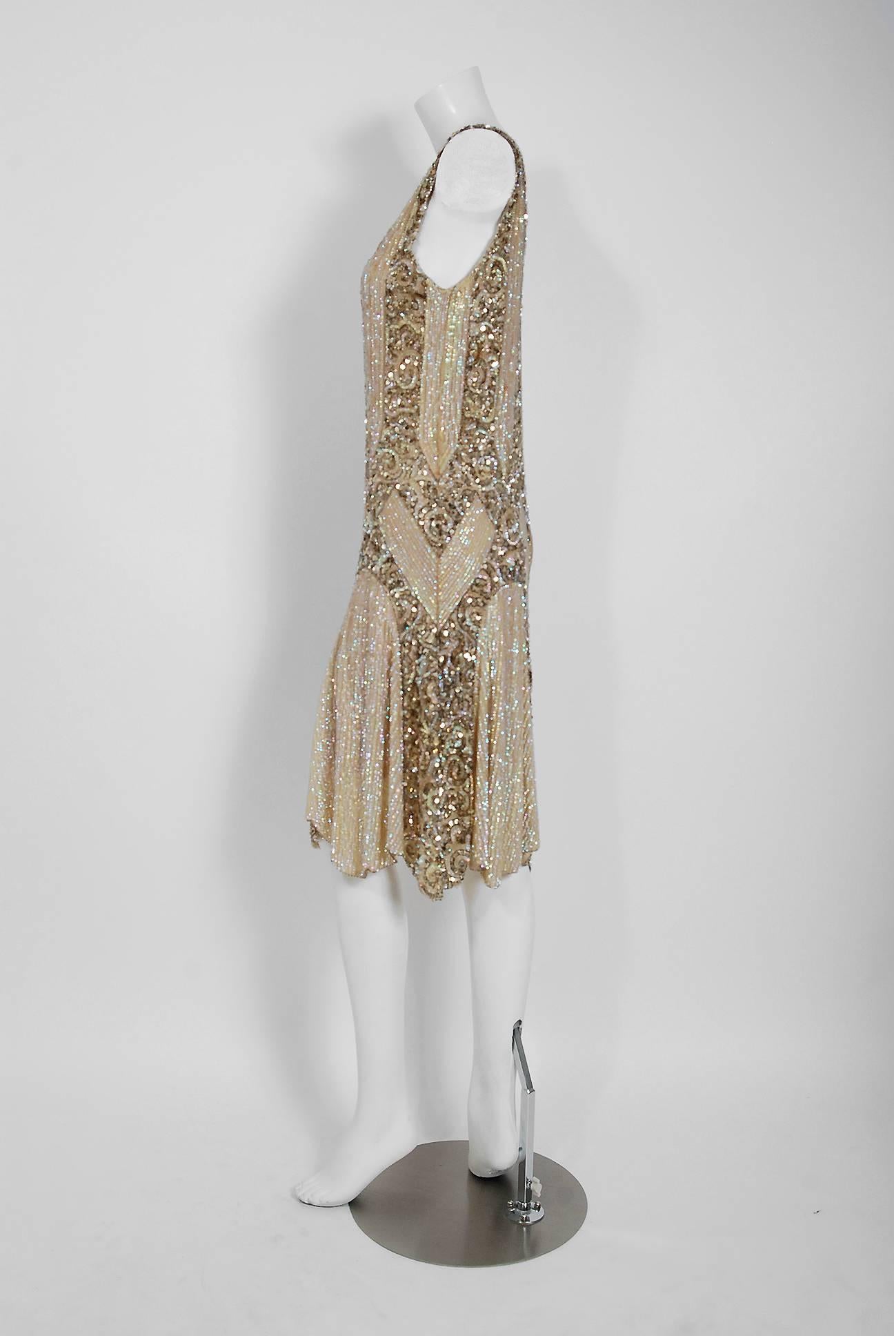 Brown 1920's French Couture Champagne Golden Beaded Sequin Art Deco Flapper Dress