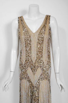 1920's French Couture Champagne Golden Beaded Sequin Art Deco Flapper Dress