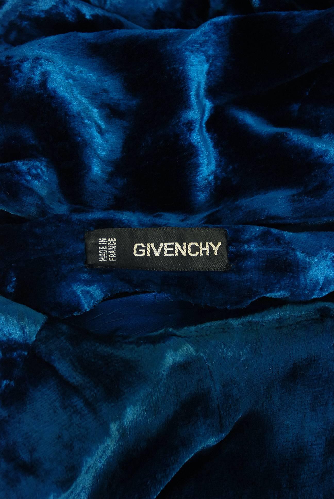 Vintage 1990 Givenchy Haute Couture Sapphire Blue Draped Silk Velvet Dress For Sale 3