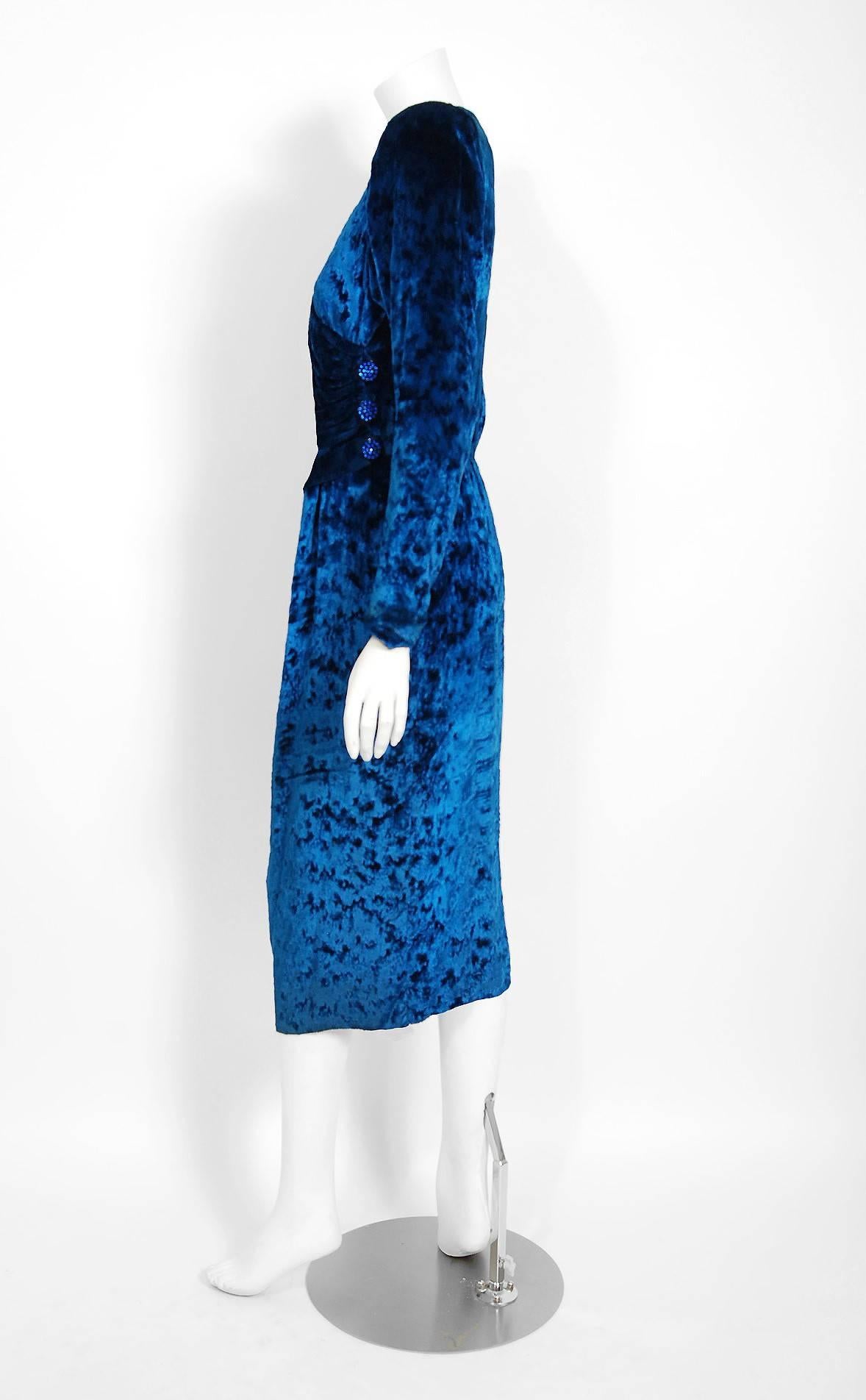 Vintage 1990 Givenchy Haute Couture Sapphire Blue Draped Silk Velvet Dress  For Sale 1