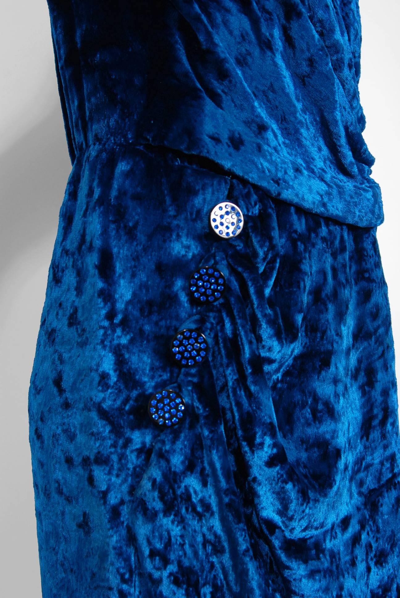 Women's Vintage 1990 Givenchy Haute Couture Sapphire Blue Draped Silk Velvet Dress  For Sale