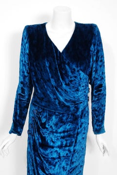 Vintage 1990 Givenchy Haute Couture Sapphire Blue Draped Silk Velvet Dress