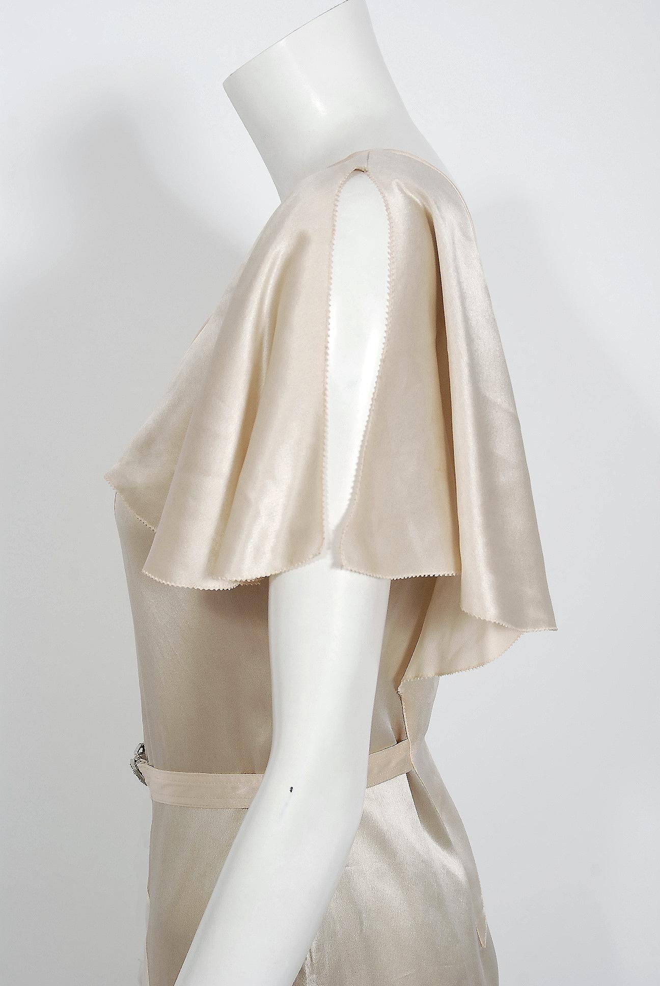 1930's Ivory Creme Satin Flutter Sleeve Plunge Belted Bias-Cut Tiered Deco Gown  1