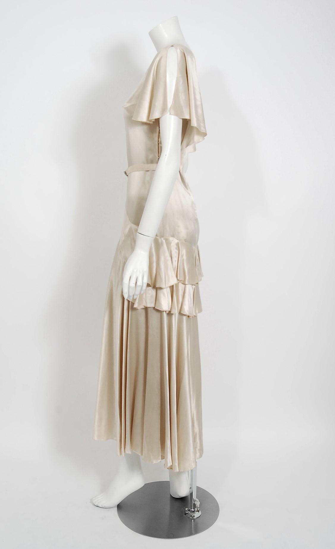 Women's 1930's Ivory Creme Satin Flutter Sleeve Plunge Belted Bias-Cut Tiered Deco Gown 