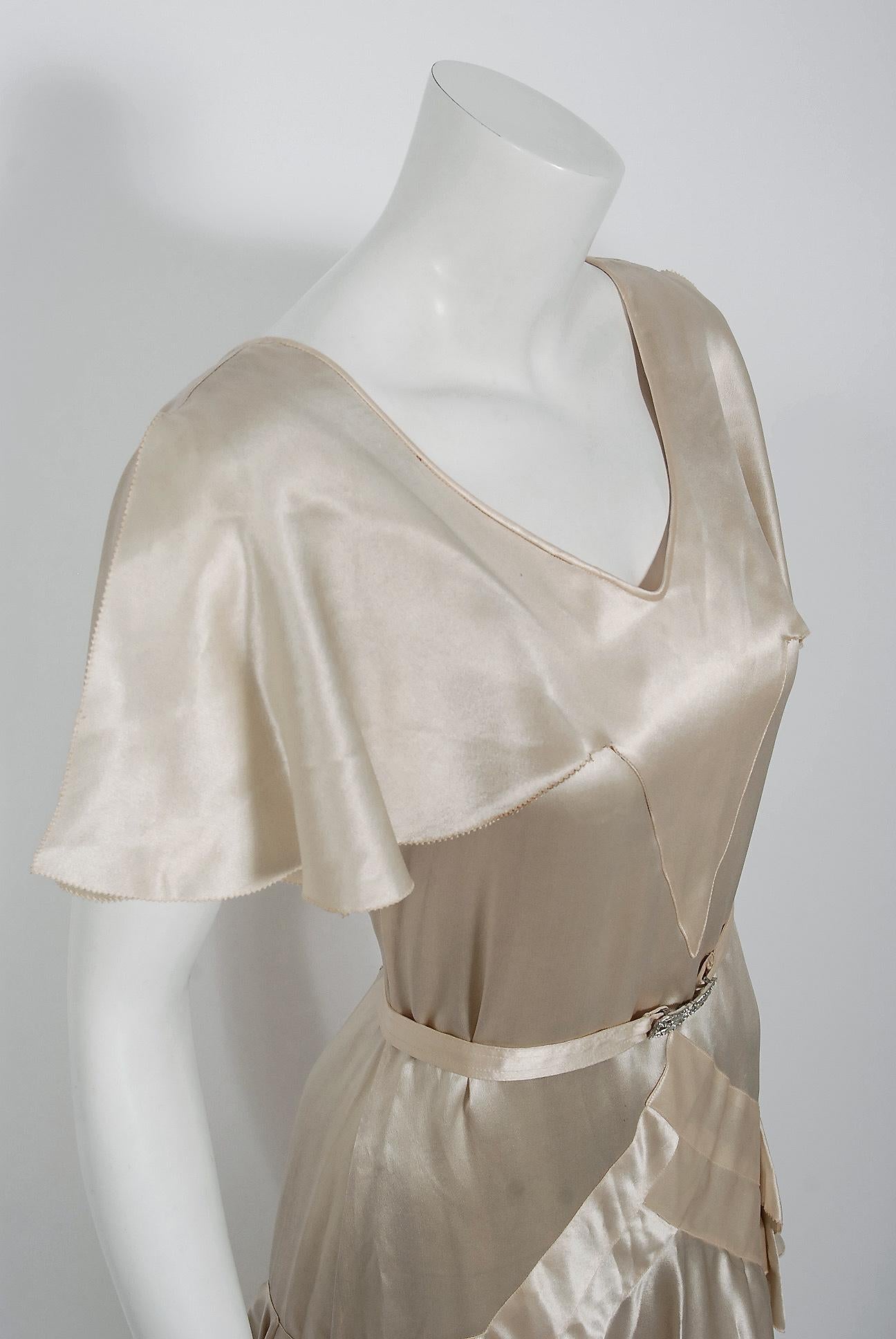 Beige 1930's Ivory Creme Satin Flutter Sleeve Plunge Belted Bias-Cut Tiered Deco Gown 