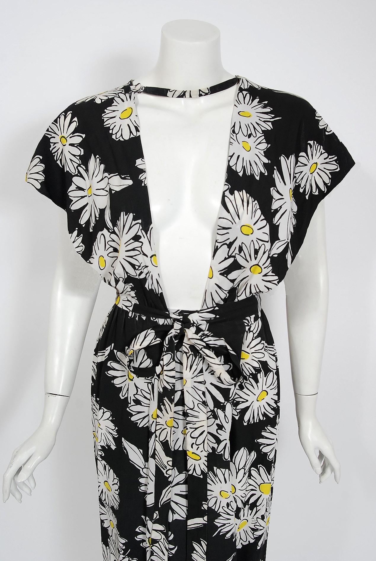 Black 1974 Sheridan Barnett Daisy Print Crepe Wrap Dress Worn By Angelica Huston