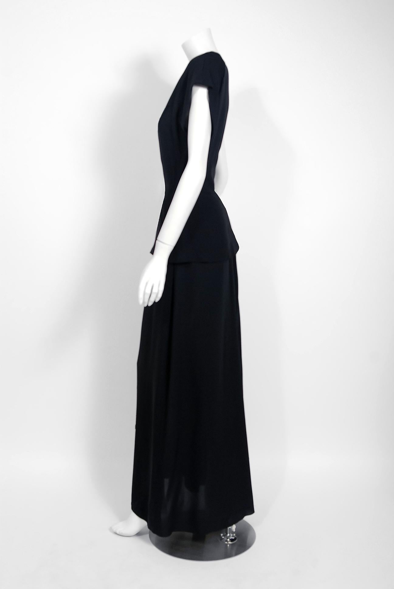 1940's Flying Birds Sequin Metallic Embroidered Novelty Black Silk Peplum Gown 3