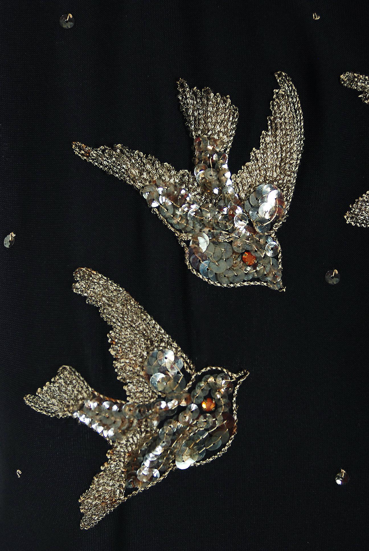 1940's Flying Birds Sequin Metallic Embroidered Novelty Black Silk Peplum Gown 1