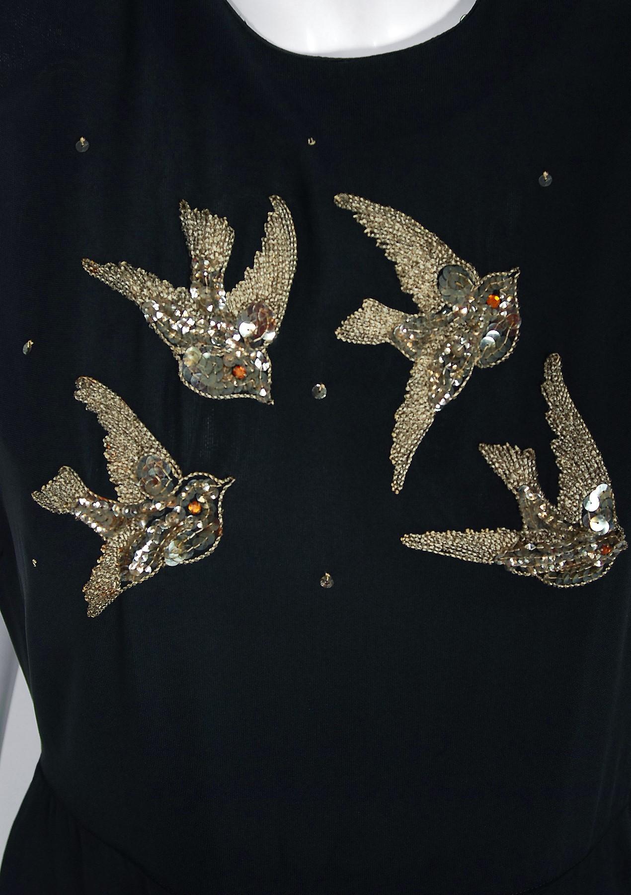 1940's Flying Birds Sequin Metallic Embroidered Novelty Black Silk Peplum Gown 2