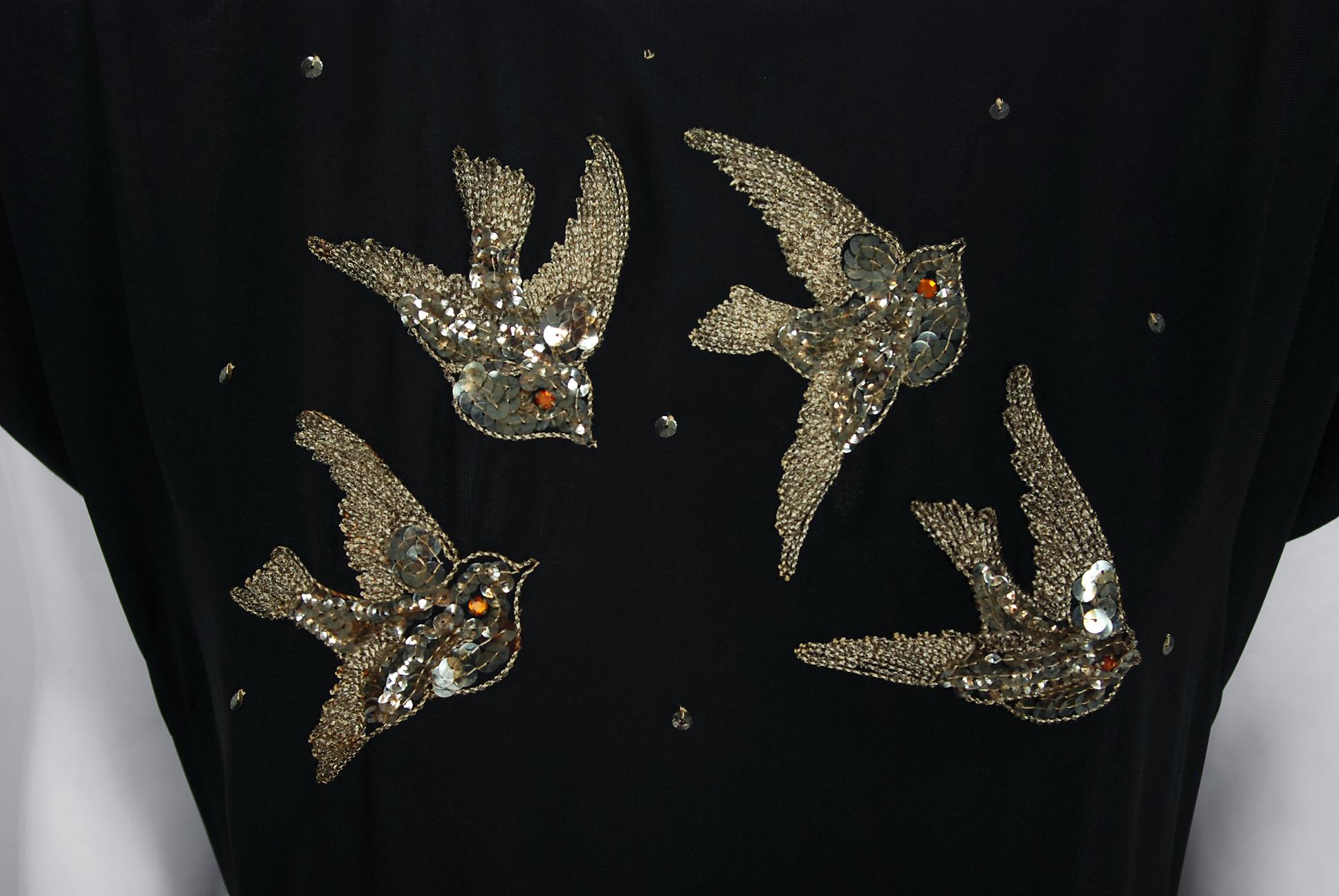 Women's 1940's Flying Birds Sequin Metallic Embroidered Novelty Black Silk Peplum Gown