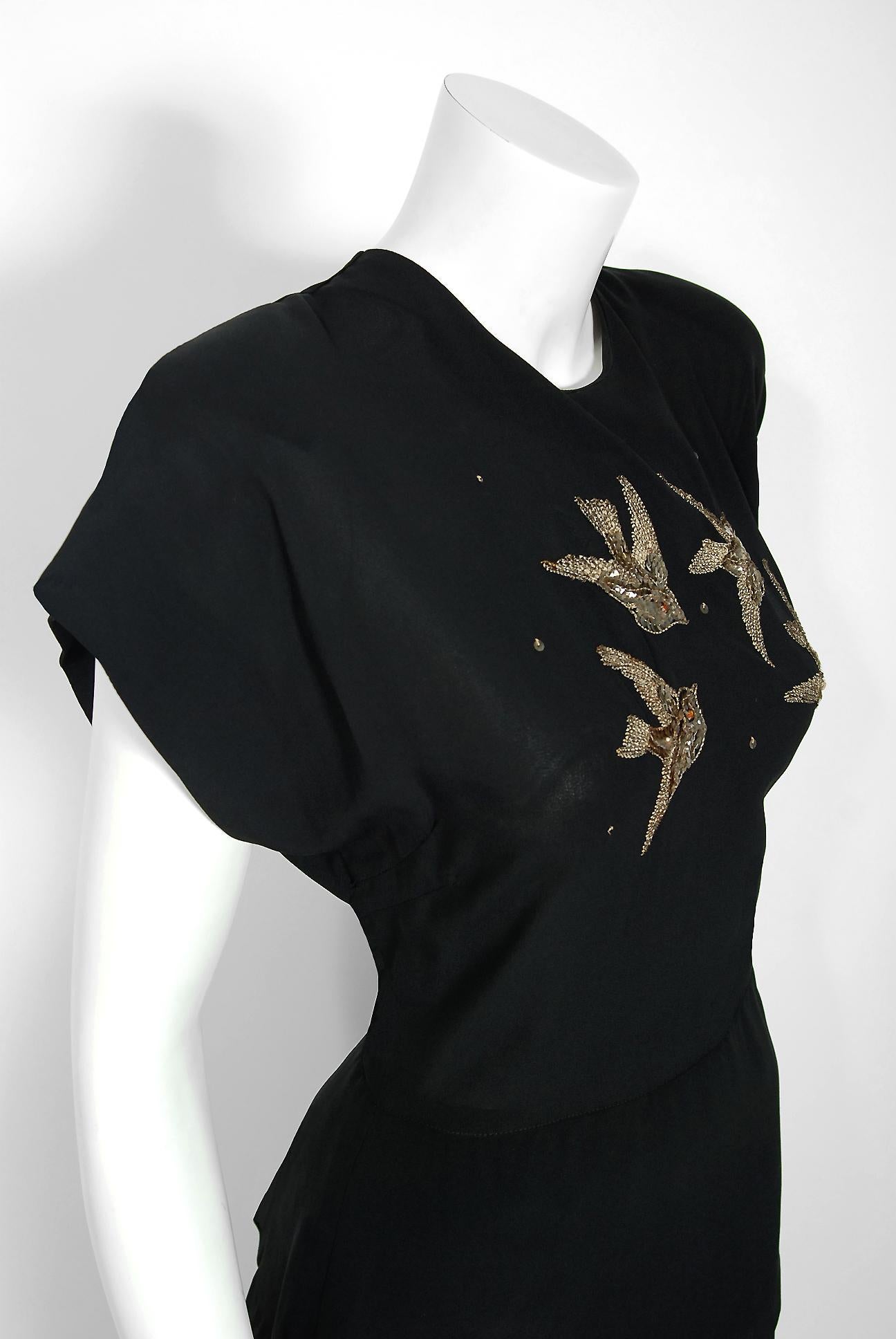 1940's Flying Birds Sequin Metallic Embroidered Novelty Black Silk Peplum Gown In Excellent Condition In Beverly Hills, CA