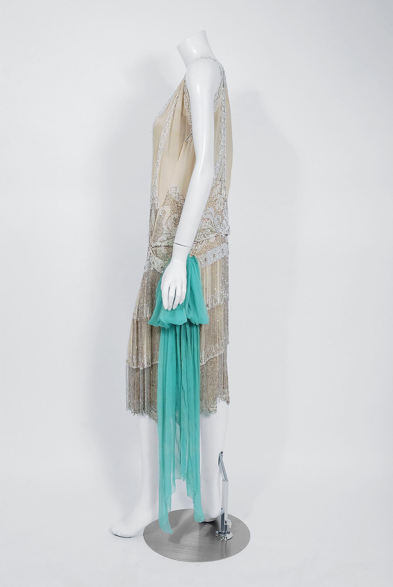 French Couture Beaded Fringe Chiffon Metallic Gold Lace Flapper Dress, 1920s  2