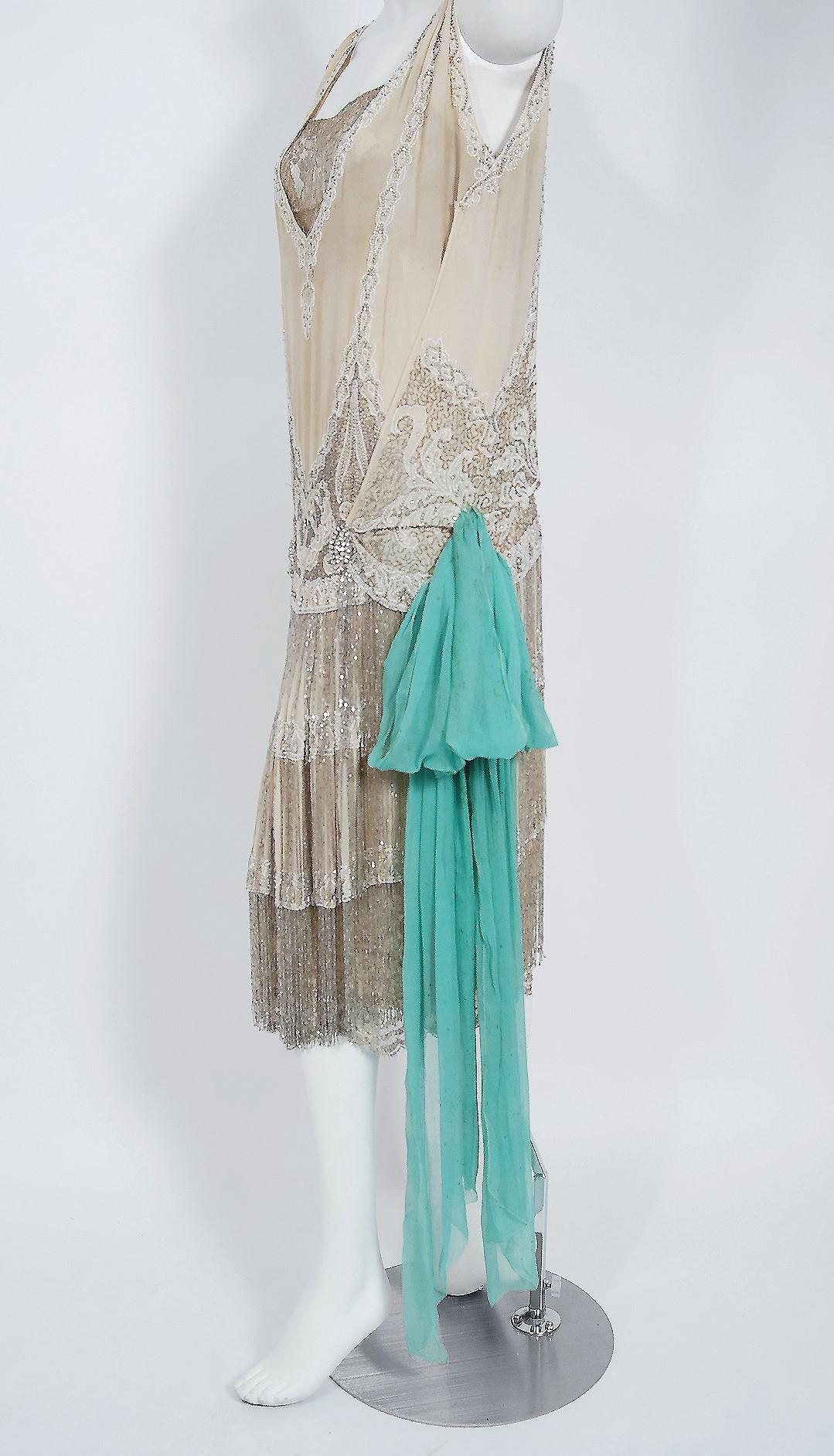 French Couture Beaded Fringe Chiffon Metallic Gold Lace Flapper Dress, 1920s  3