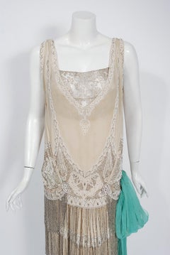 French Couture Beaded Fringe Chiffon Metallic Gold Lace Flapper Dress, 1920s