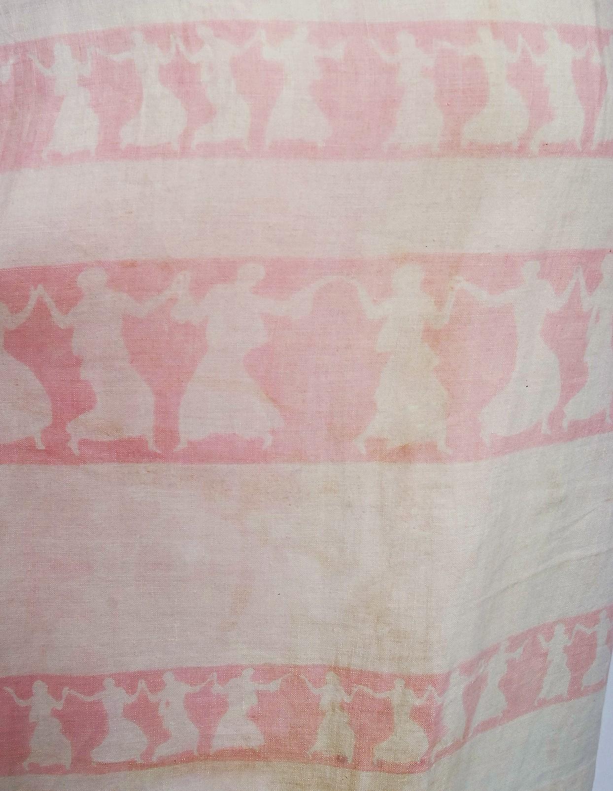 1920's Dancing Ladies Novelty Print Pink & Ivory Linen Cut-Out Deco Day Dress  2