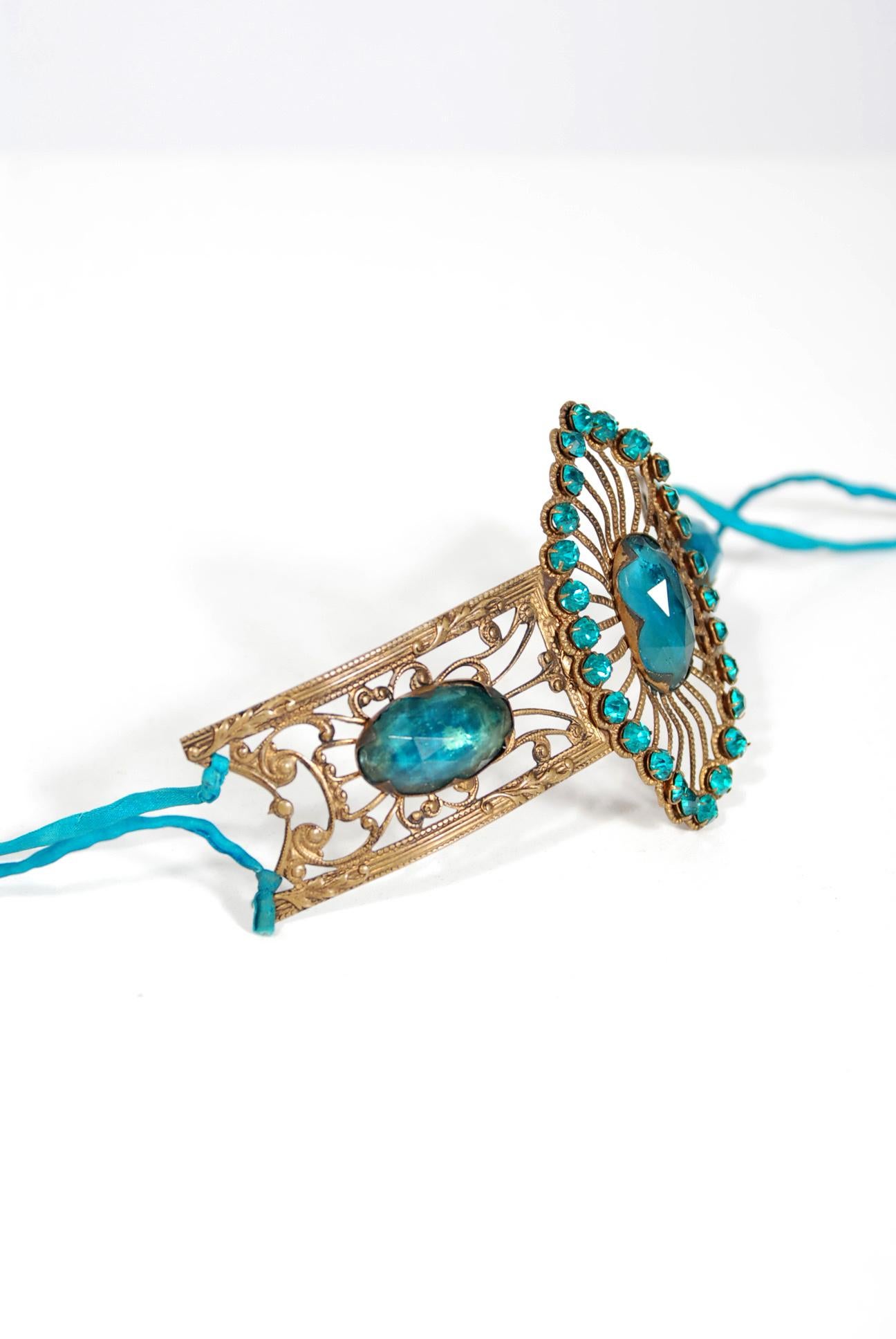 1920's French Teal Blue Jeweled Gold Brass Art-Deco Flapper Headpiece In Excellent Condition In Beverly Hills, CA
