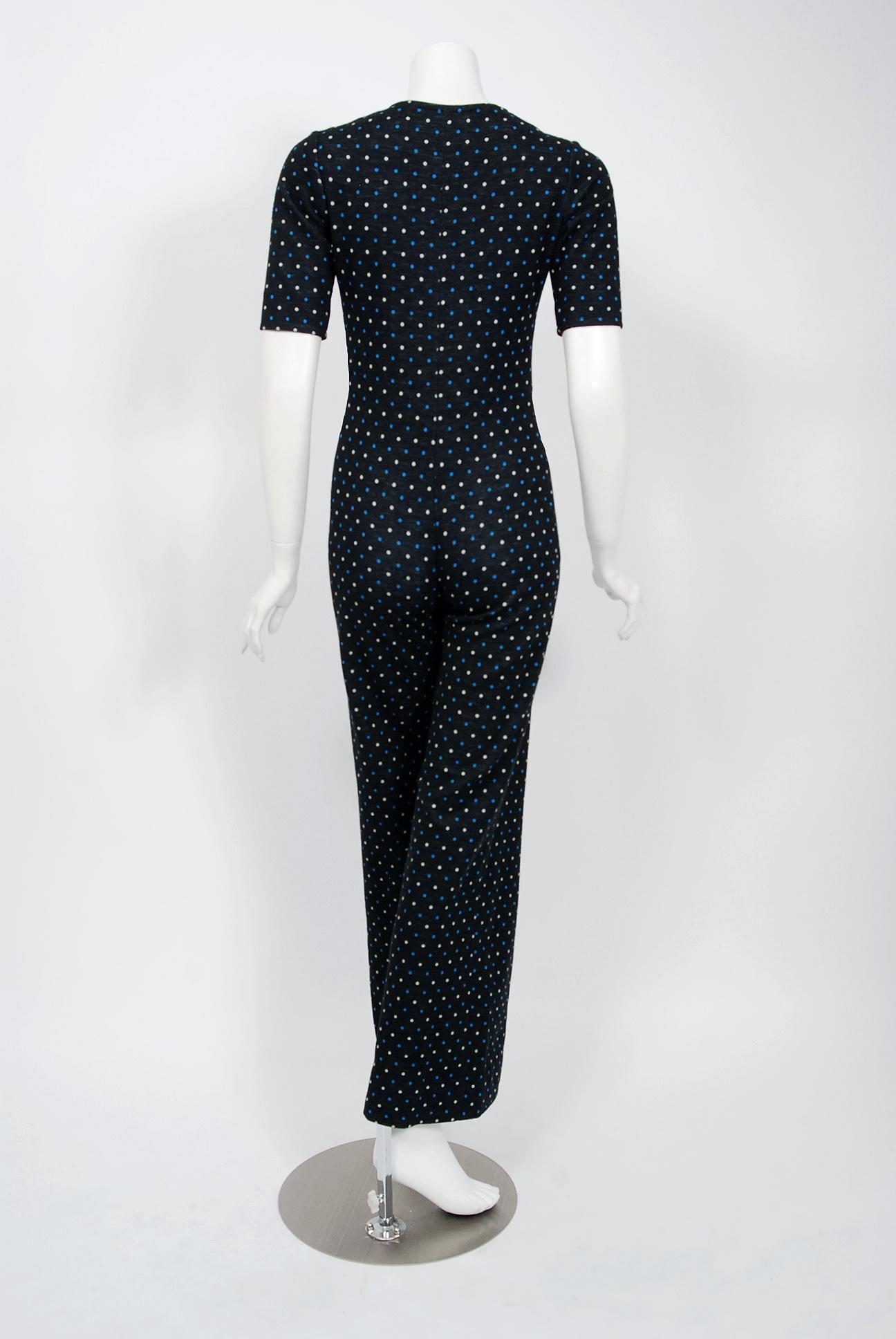 Vintage 1973 Yves Saint Laurent Rive Gauche Dotted Wool Knit Zip-Up Jumpsuit 2