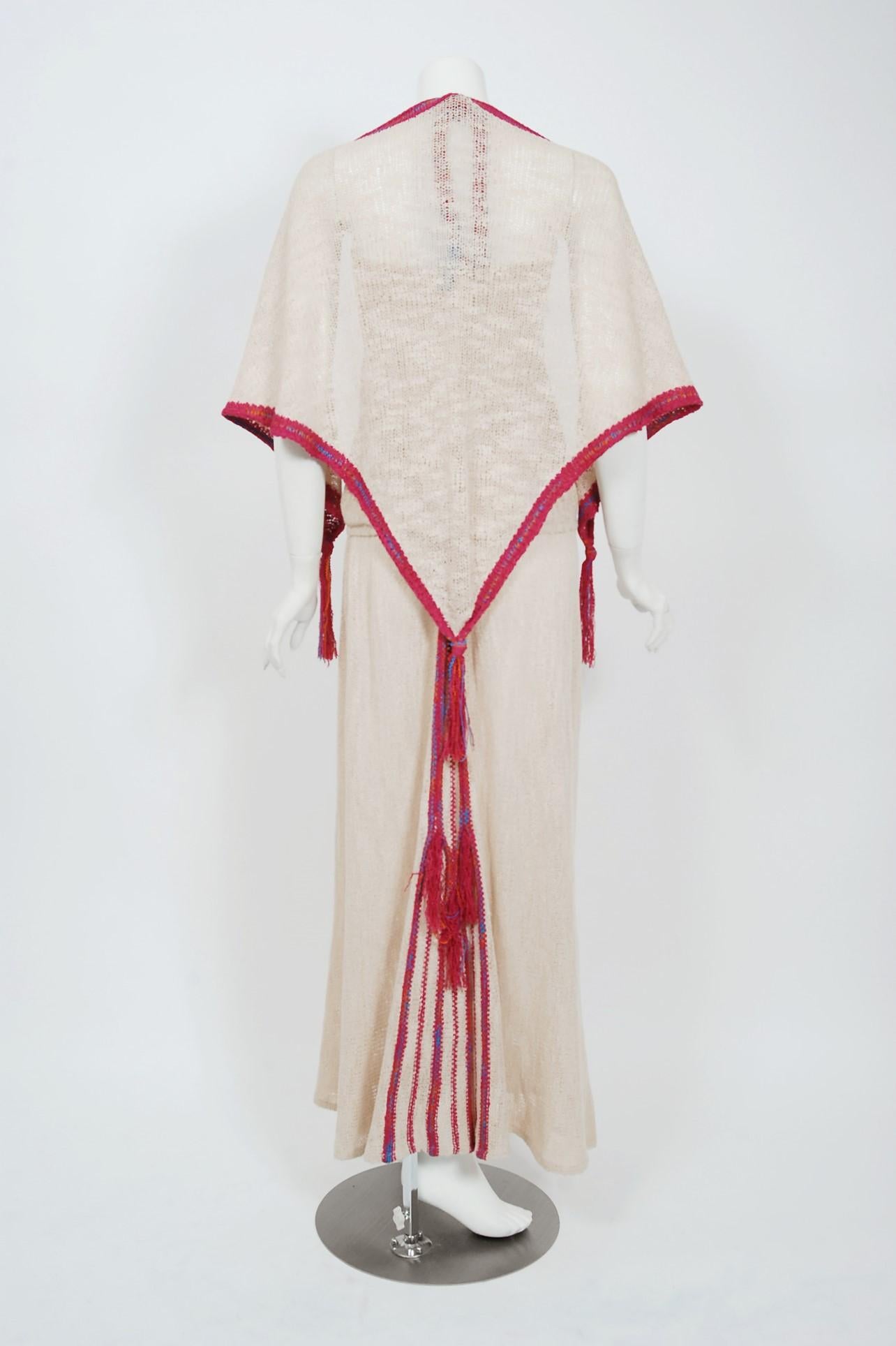Vintage 1970 Mary Farrin London Beige Raspberry Hand Knit Halter Four-Piece Set 3