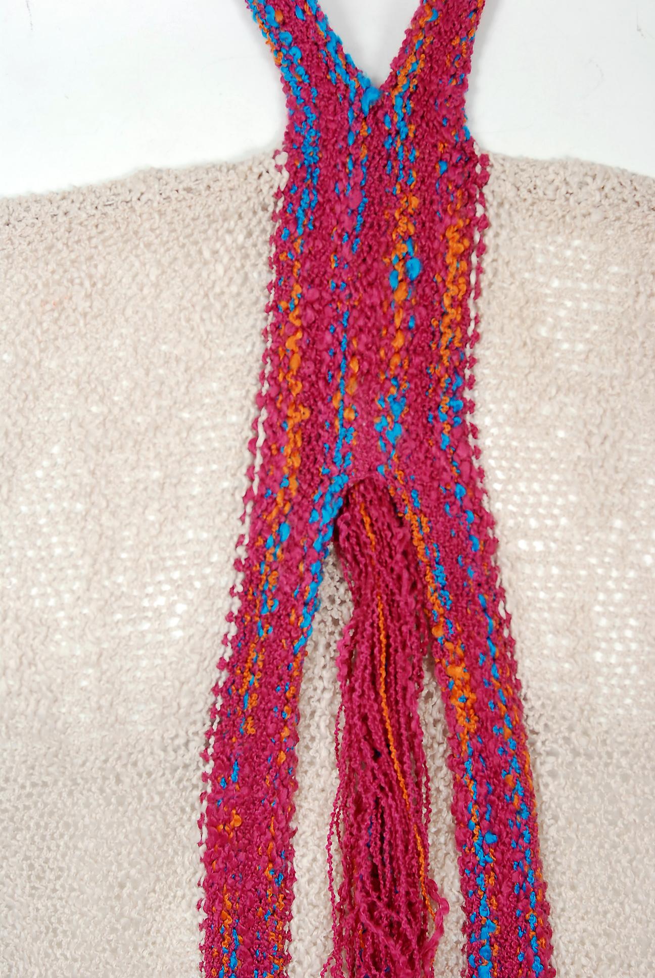 Vintage 1970 Mary Farrin London Beige Raspberry Hand Knit Halter Four-Piece Set 1