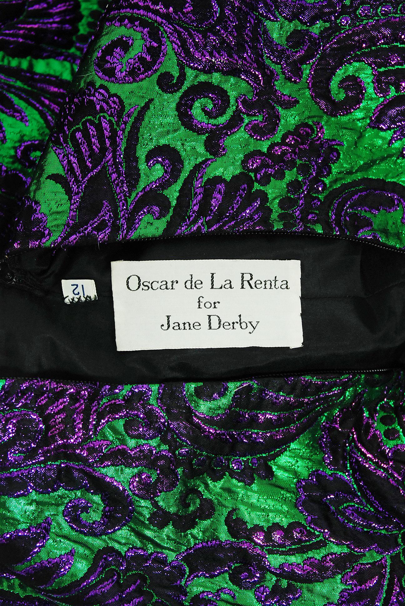 Vintage 1968 Oscar de la Renta for Jane Derby Green Purple Brocade Mink Fur Gown In Good Condition In Beverly Hills, CA