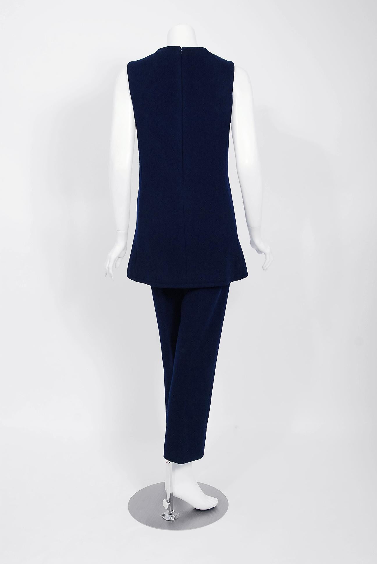 1968 Calvin Klein Navy-Blue Wool Mod Pockets Sleeveless Tunic & Pants Ensemble  2