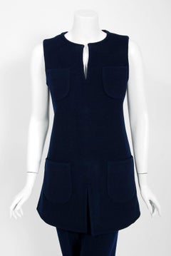 1968 Calvin Klein Navy-Blue Wool Mod Pockets Sleeveless Tunic & Pants Ensemble