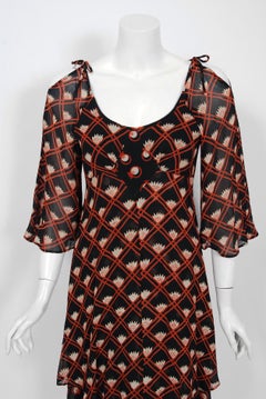 1970 Ossie Clark Black & Red Celia Birtwell Print Chiffon Tiered Bias-Cut Dress
