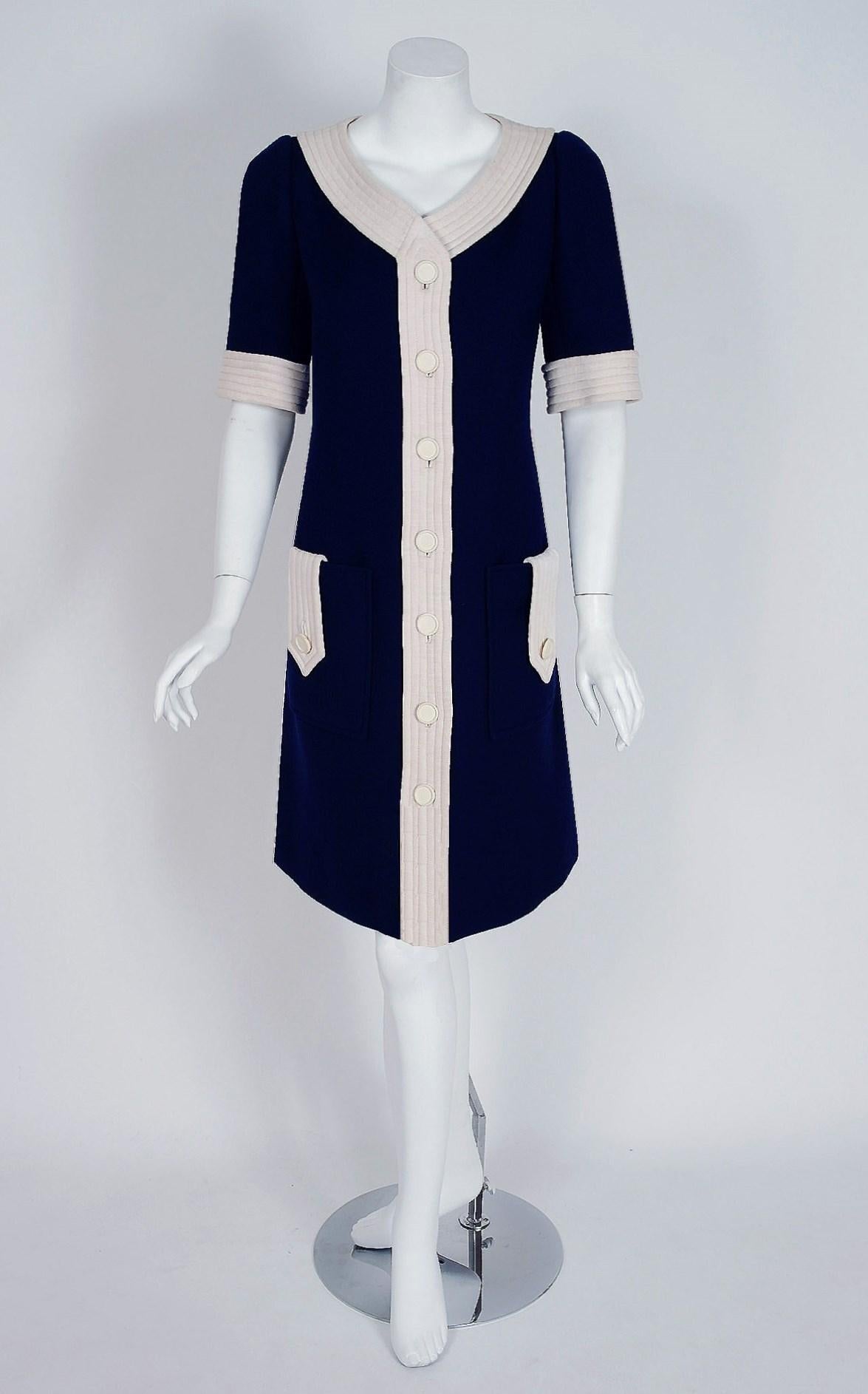 Vintage 1967 Courreges Couture Navy and White Wool Block Color Mod ...