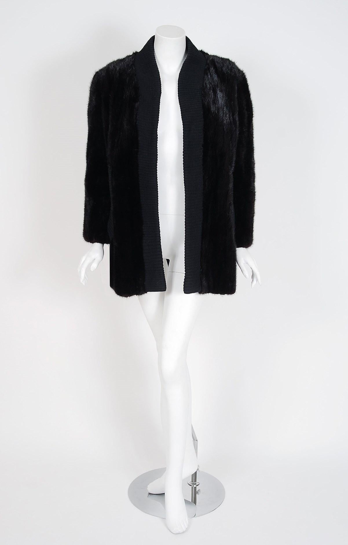 Black Vintage 1968 Pierre Cardin Couture Mink-Fur & Wool Knit Cardigan Sweater Jacket
